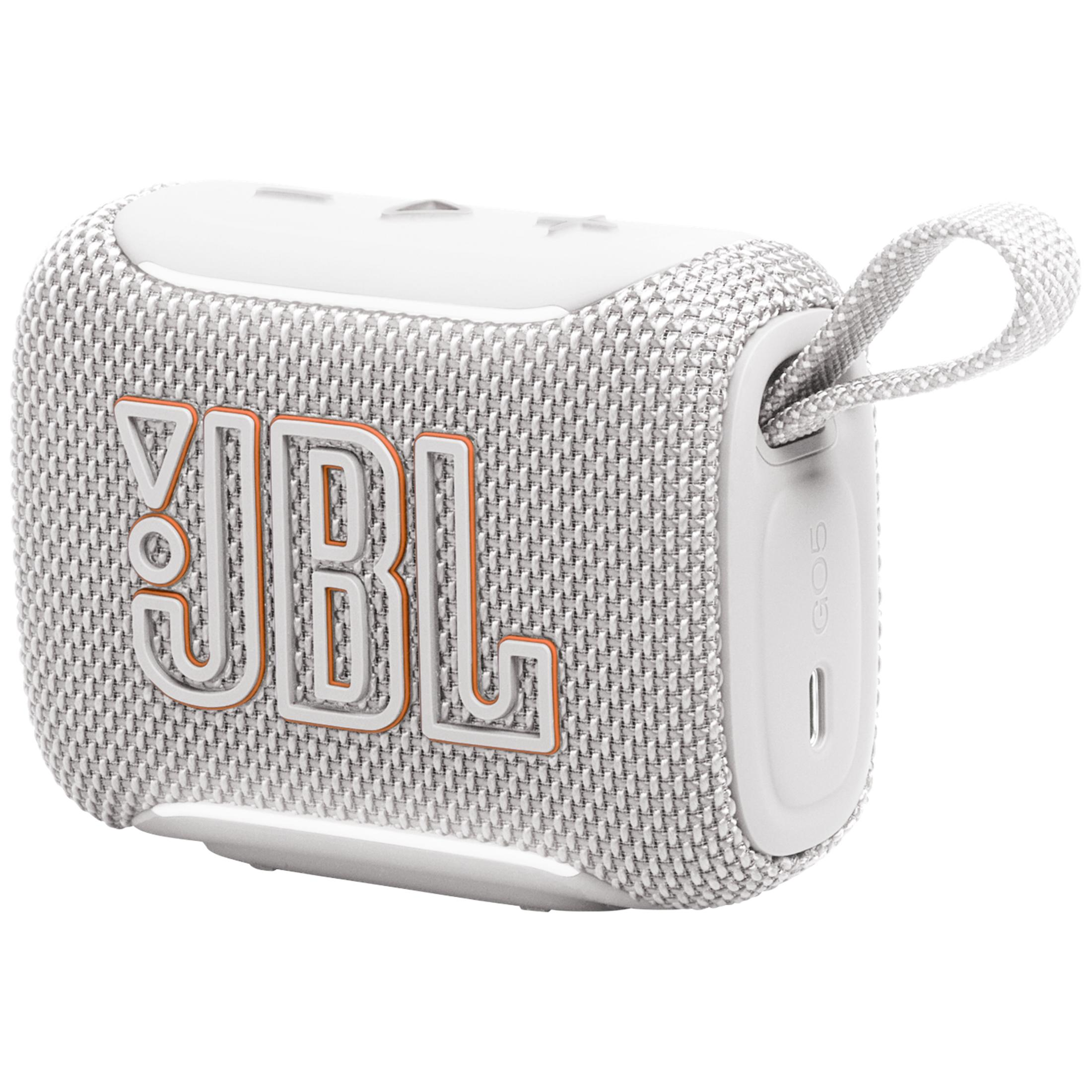 Un altavoz JBL blanco con rejilla de tela y logo naranja.
