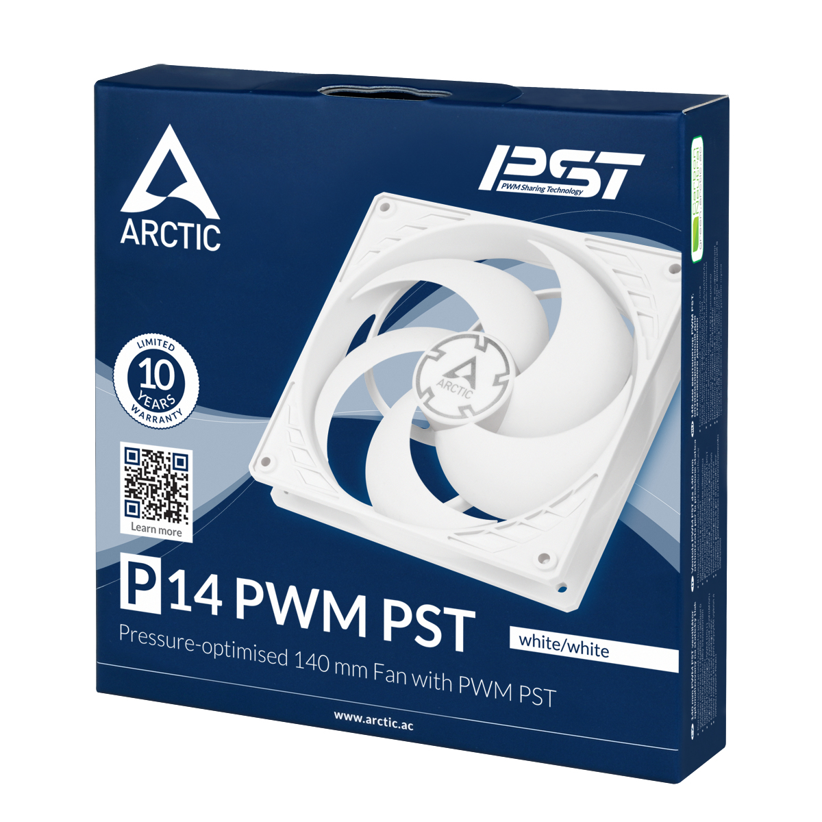 Box of a white ARCTIC P14 PWM PST fan with 10-year warranty.