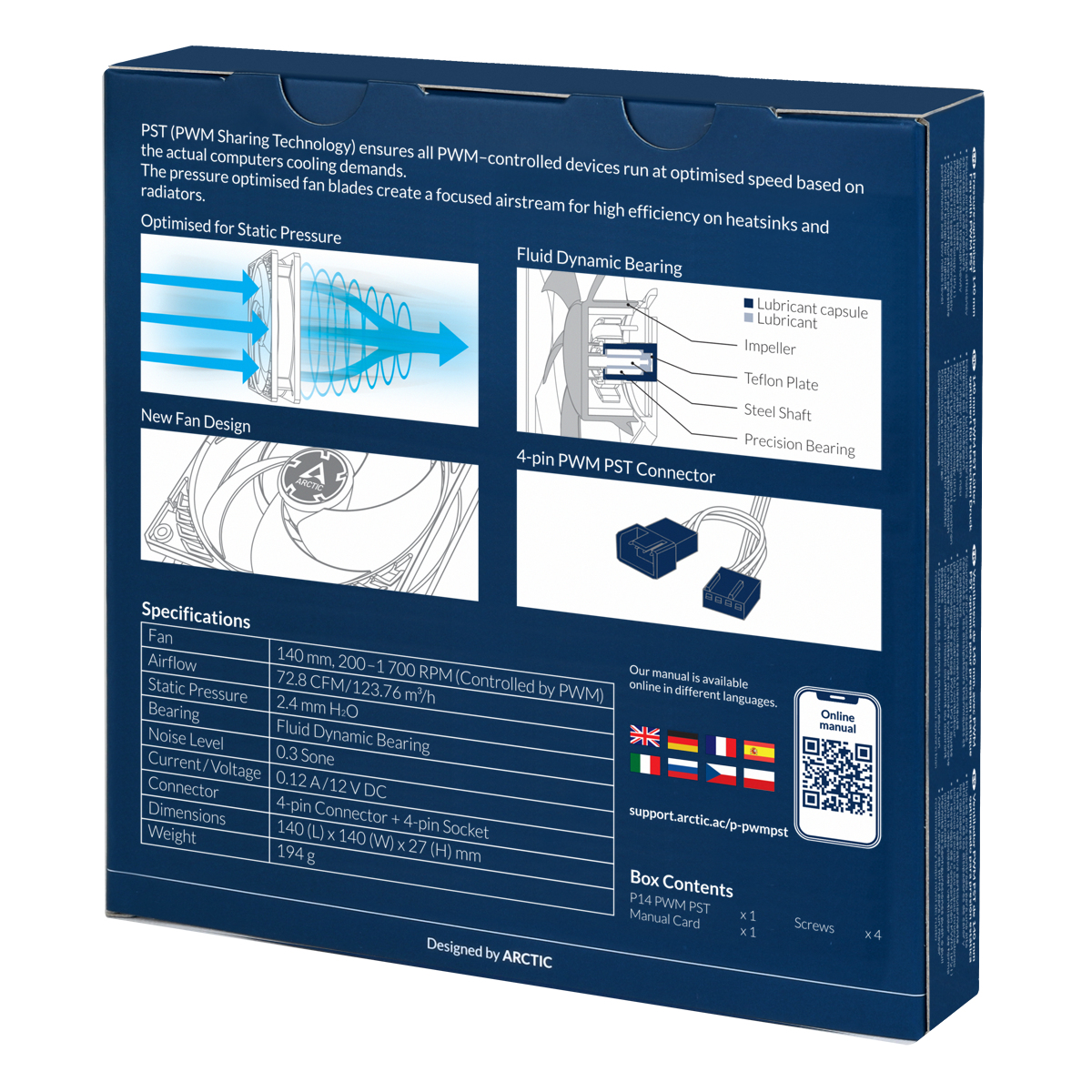 ARCTIC fan packaging with technical specs, diagrams of fan and connector.