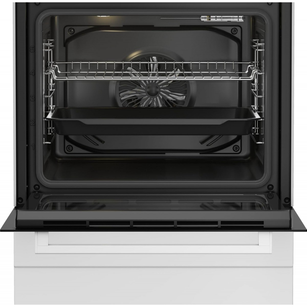 Interno di un forno aperto con griglia e teglia. Ventola visibile.