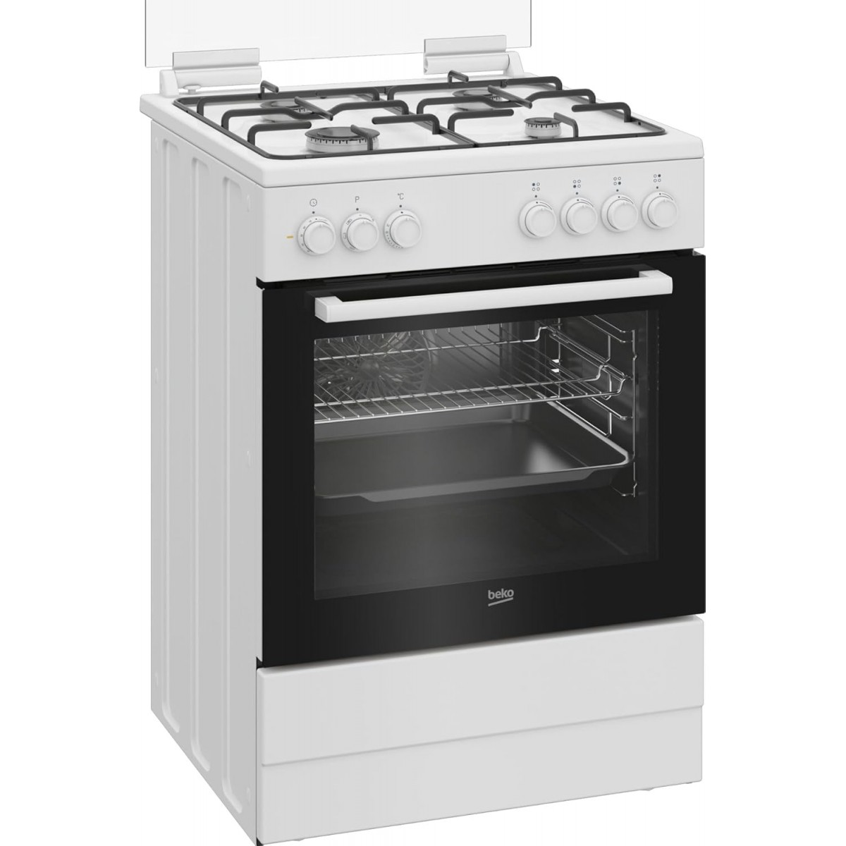 Un fornello a gas bianco con porta del forno nera e manopole argentate.