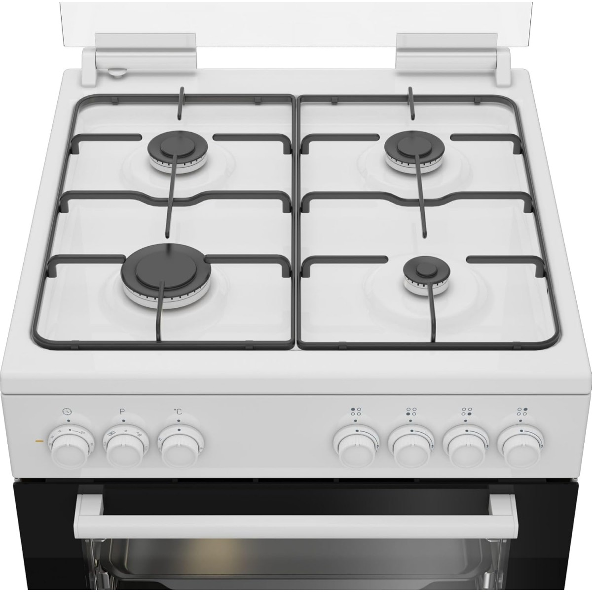 Un fornello a gas bianco con quattro fuochi, manopole e forno.