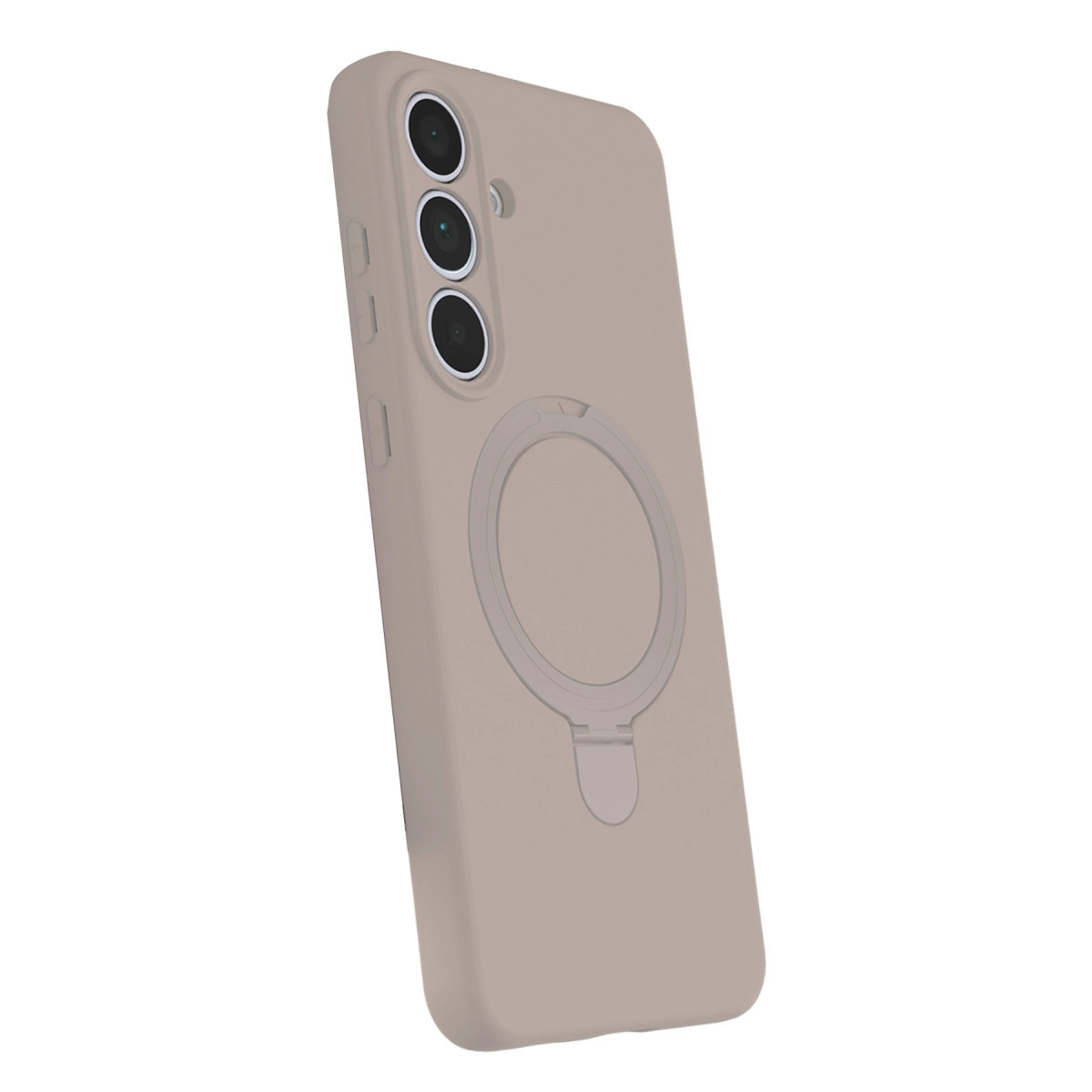 Üç kameralı ve halka tutuculu bej telefon kılıfı.