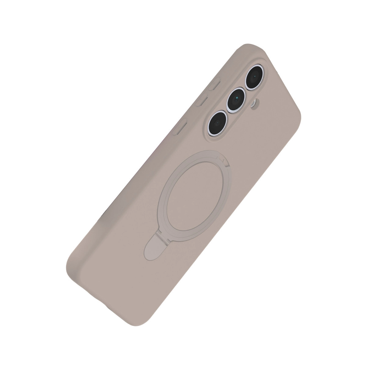 Üç kamera lensli ve halka tutuculu bej telefon kılıfı.