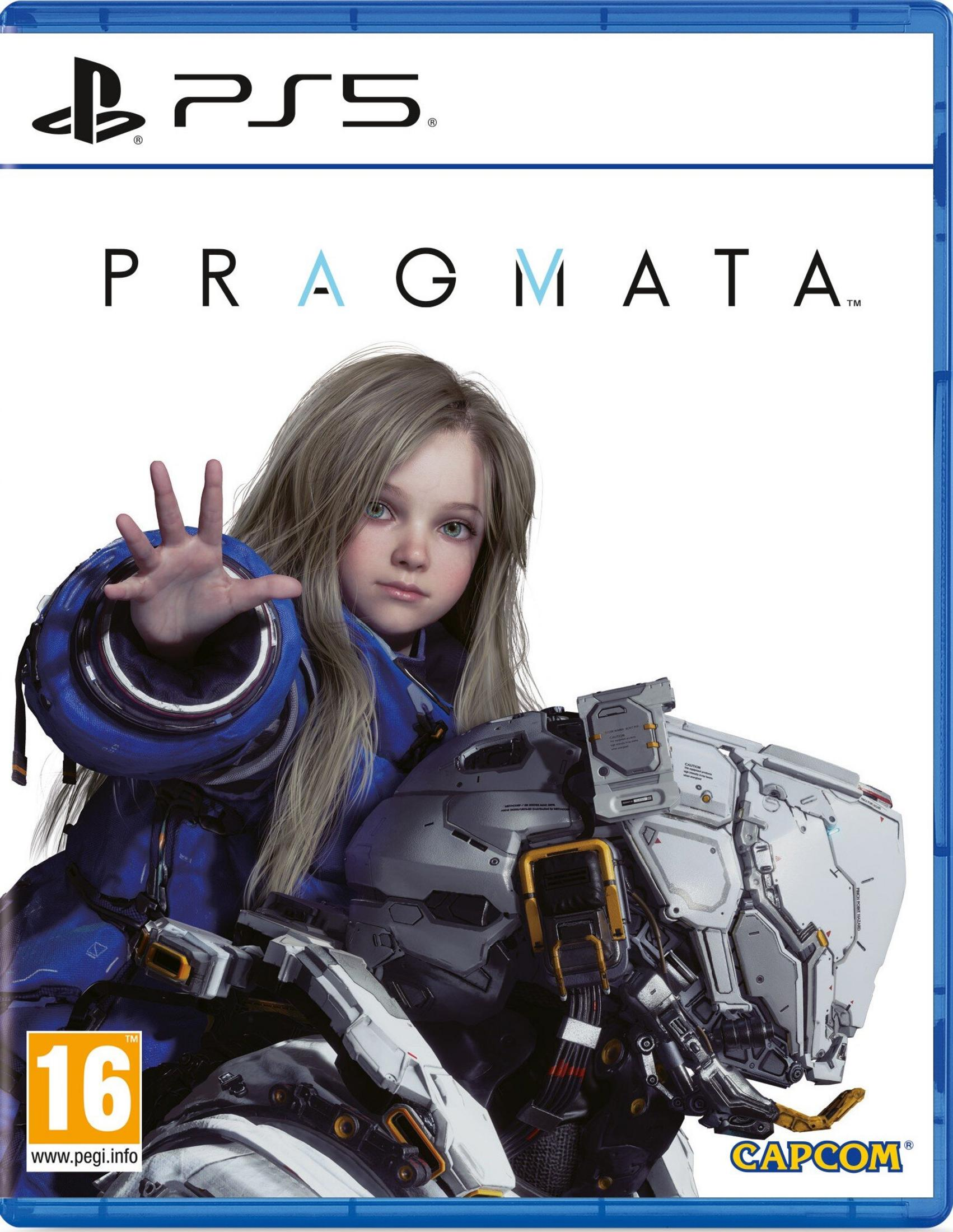 Copertina gioco PS5 PragmatA: ragazza in tuta blu con braccio robotico, PEGI 16.