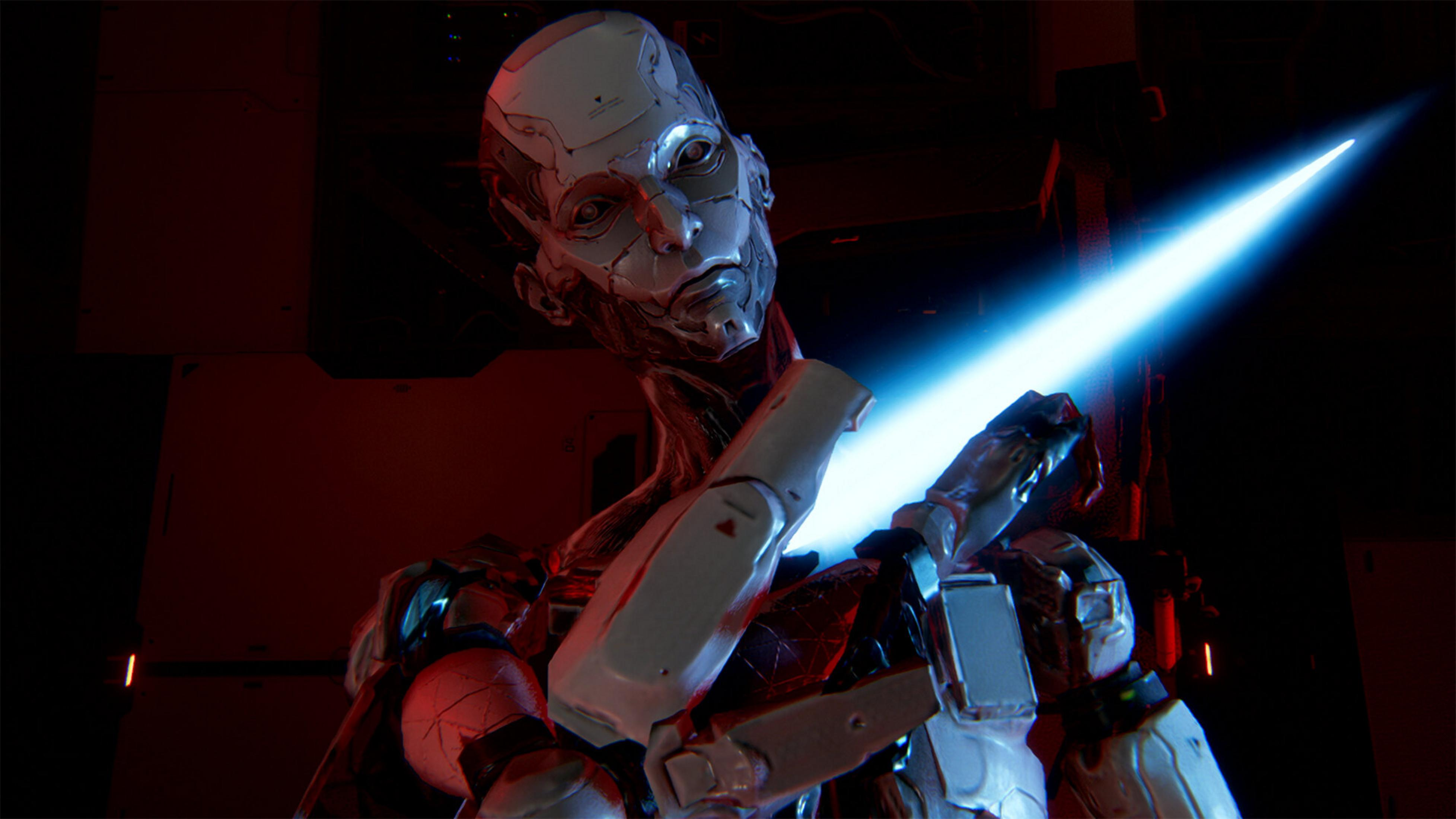 Un robot umanoide con una spada laser blu, illuminato di rosso.