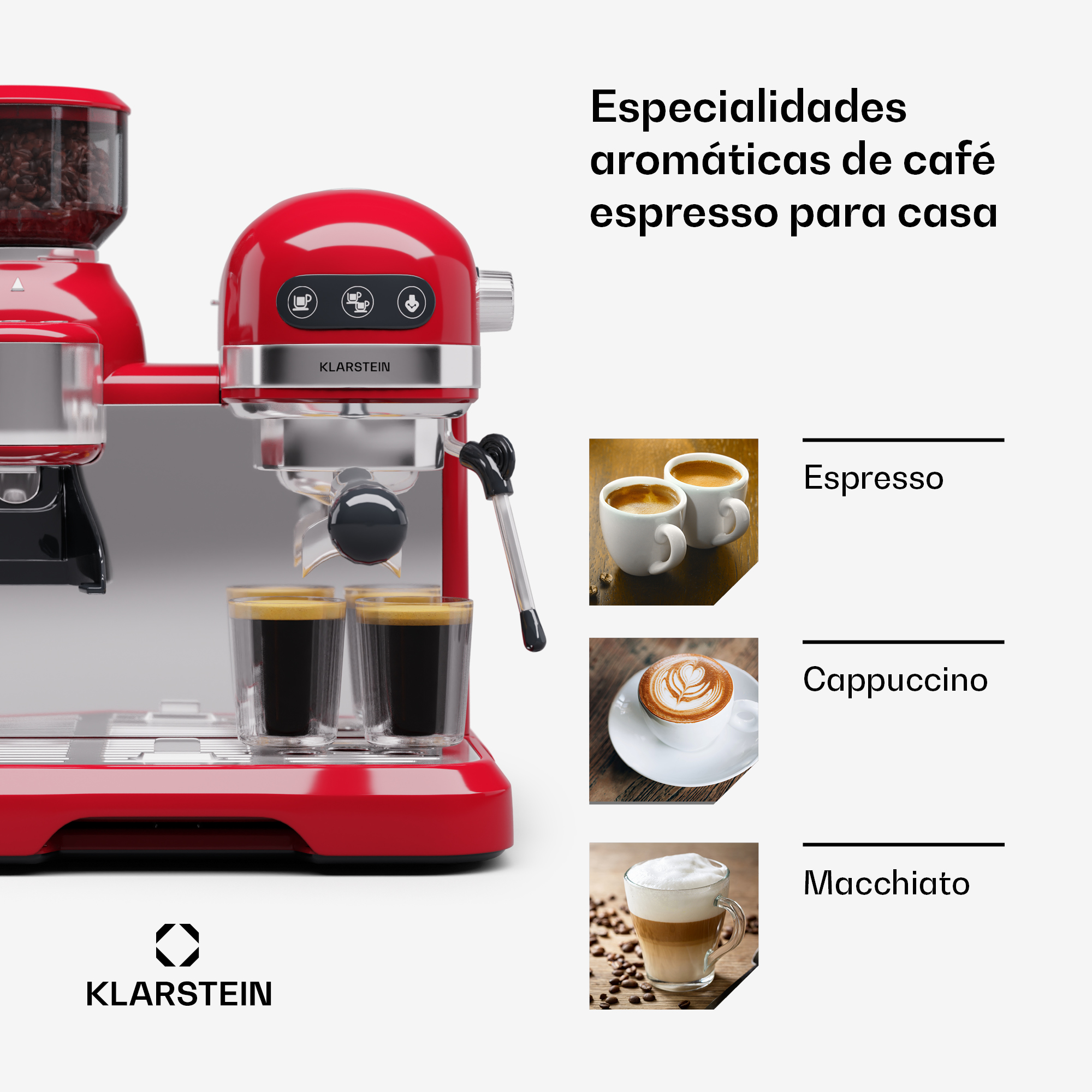 Máquina de espresso roja con portafiltro, vasos y variaciones de café.
