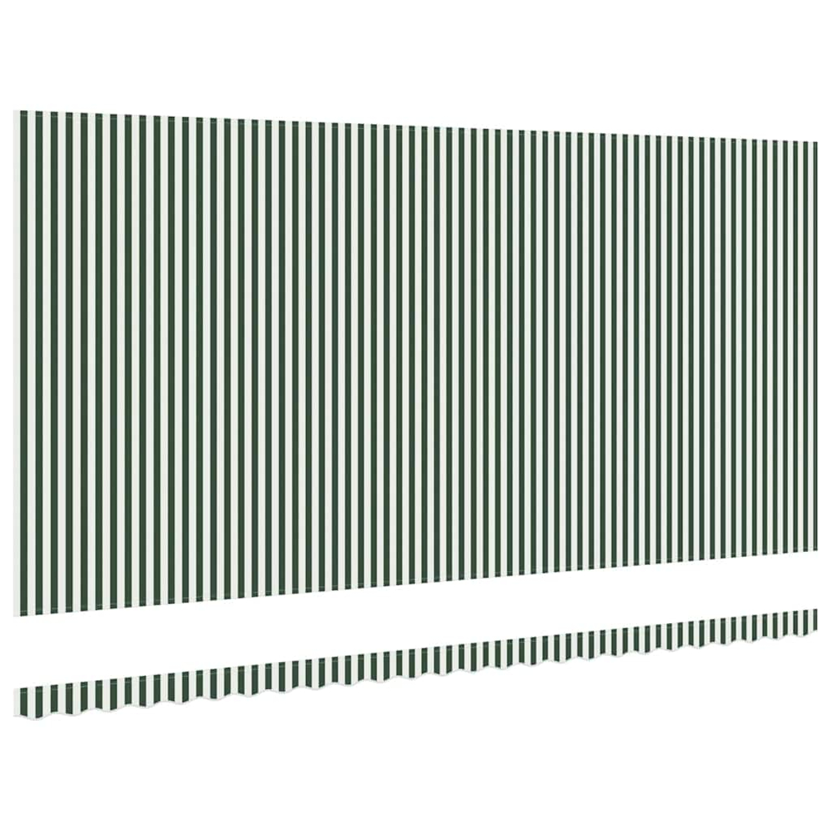 Markise mit dunkelgrünen und weißen Streifen.