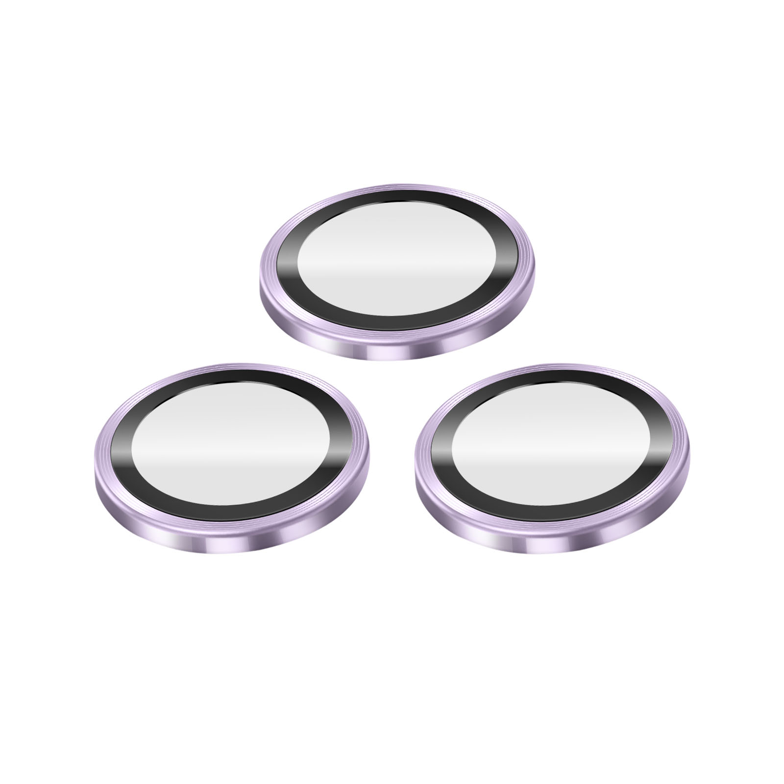 Tres protectores de lente de cámara morados con bordes plateados sobre fondo blanco.