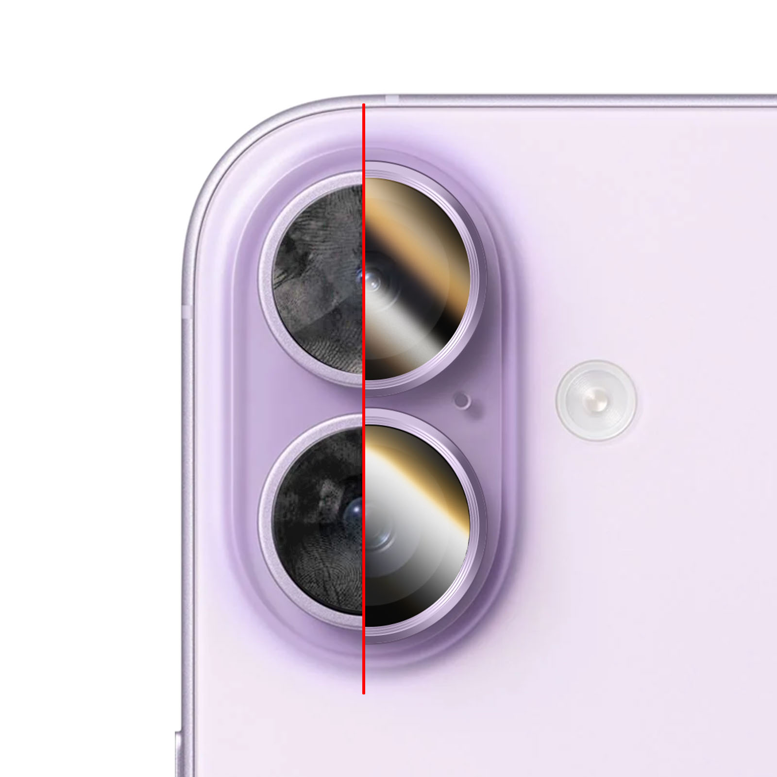 Primer plano de la parte trasera de un iPhone morado con lentes de cámara divididas y flash.
