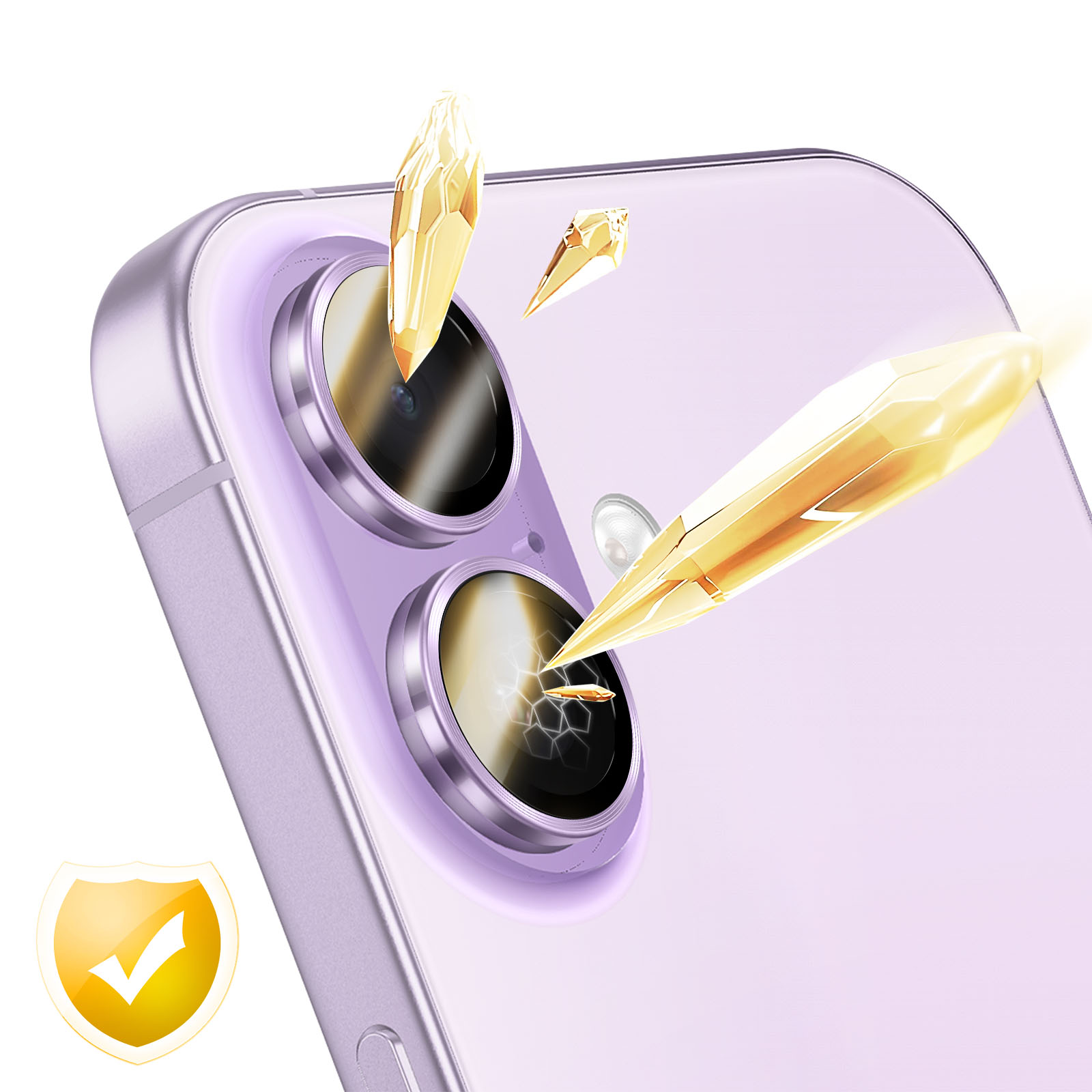 Vista trasera de teléfono morado con fragmentos de cristal dorado cerca de la lente y escudo.