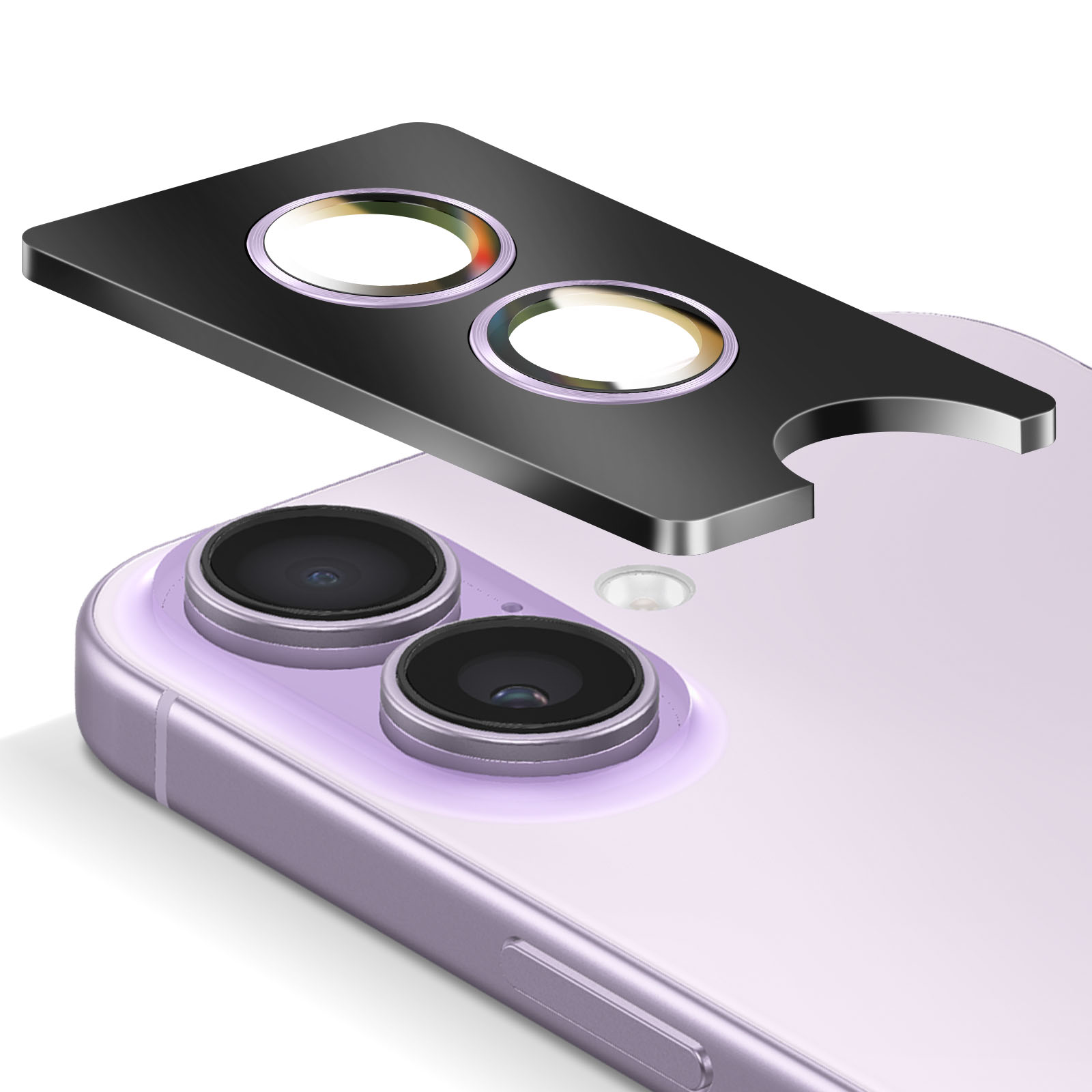 Un protector de pantalla negro con dos aberturas para lentes yace sobre un smartphone lila.