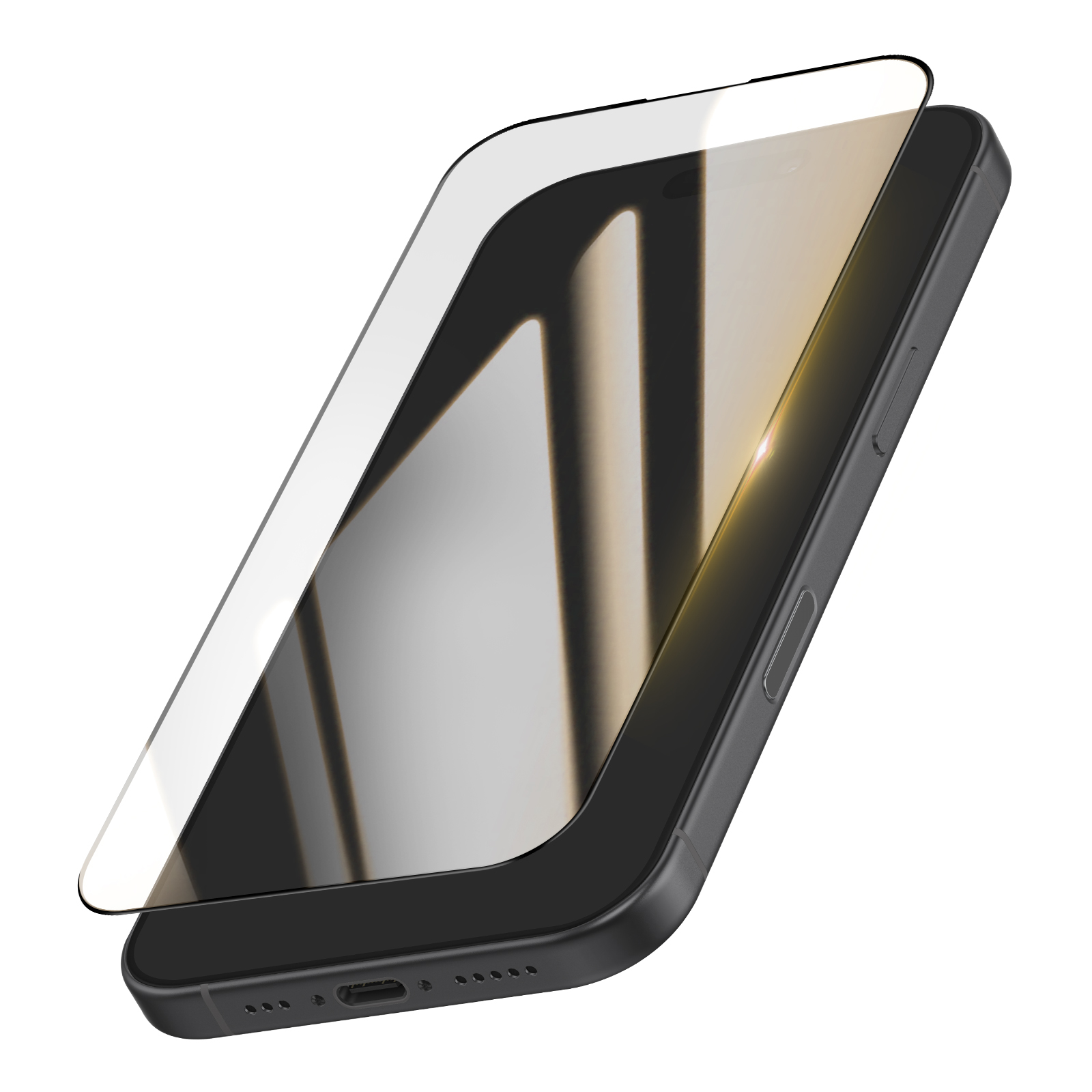 Een transparante schermprotector ligt op een zwarte smartphone.