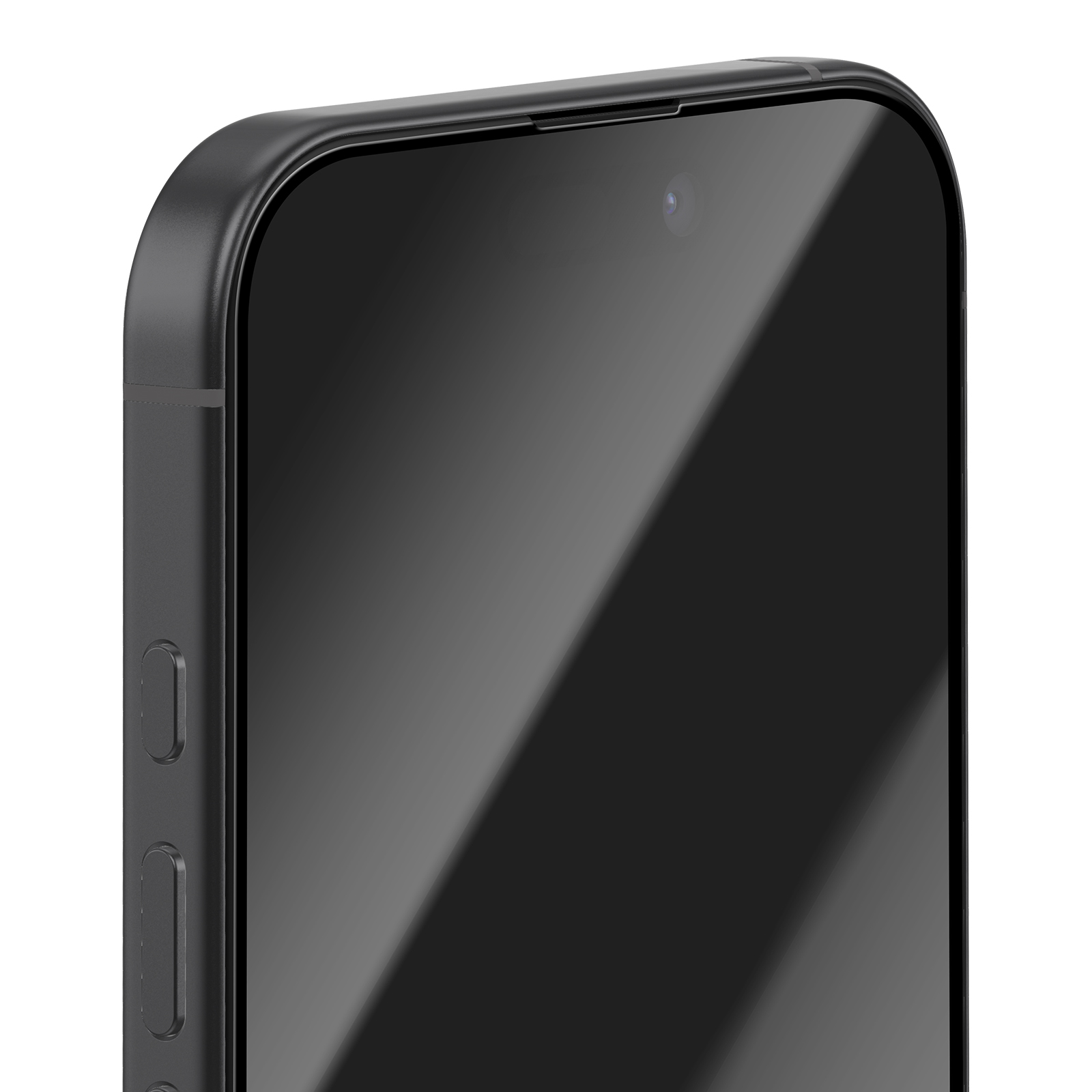 Close-up van een zwarte smartphone met een leeg scherm en een camera aan de voorzijde.