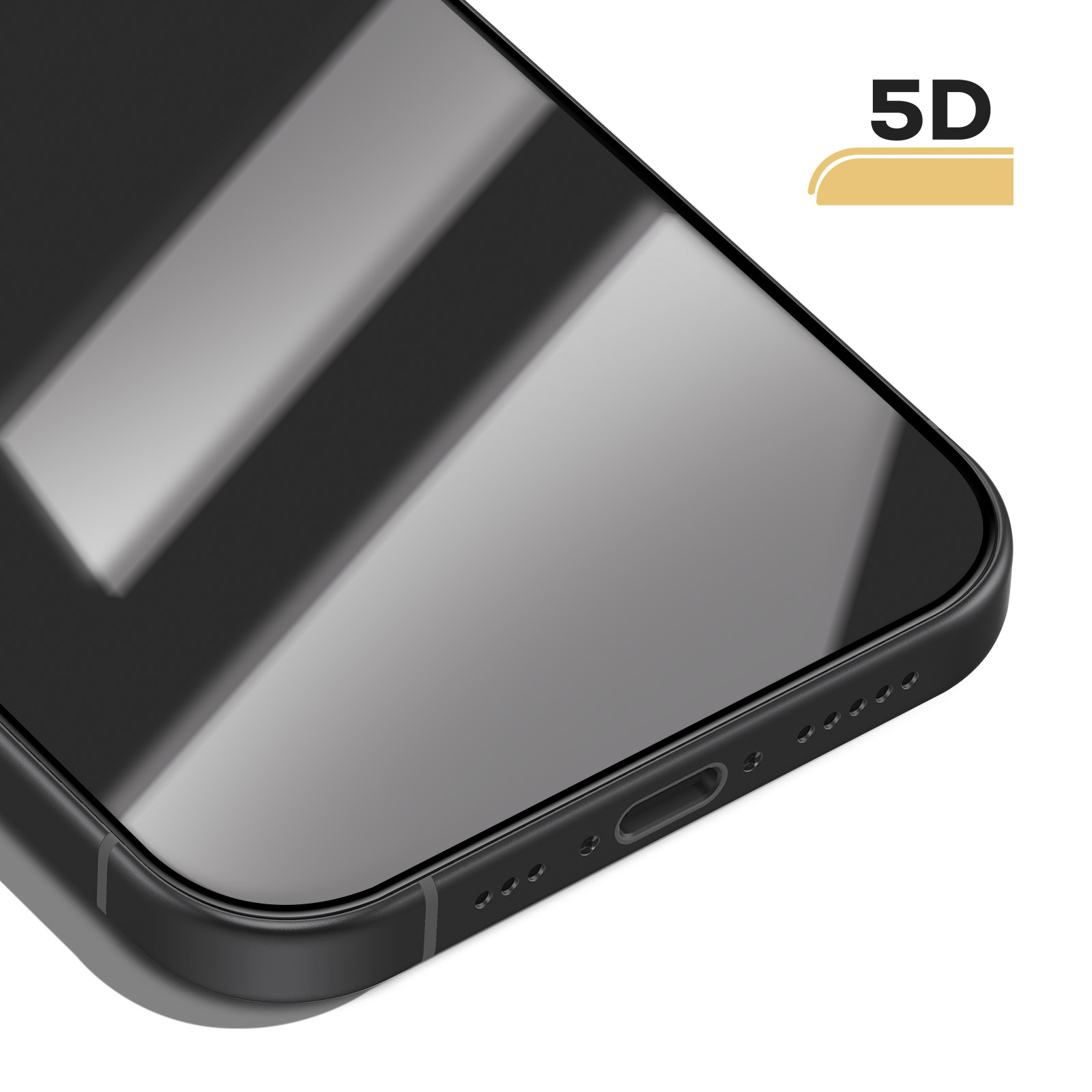 Close-up van een zwarte telefoonhoes met glanzend scherm en "5D" logo.