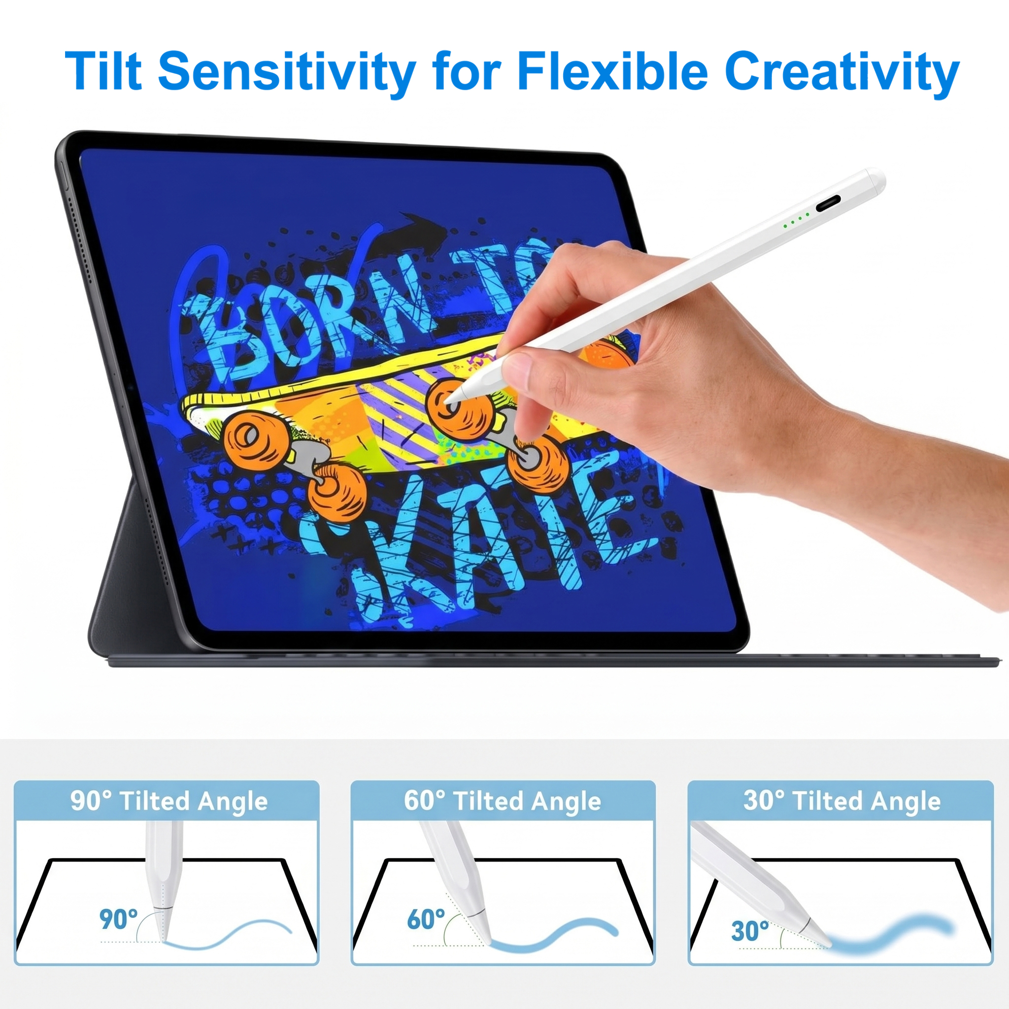 Ein Stift wird auf einem Tablet verwendet, das ein Skateboard-Design zeigt.