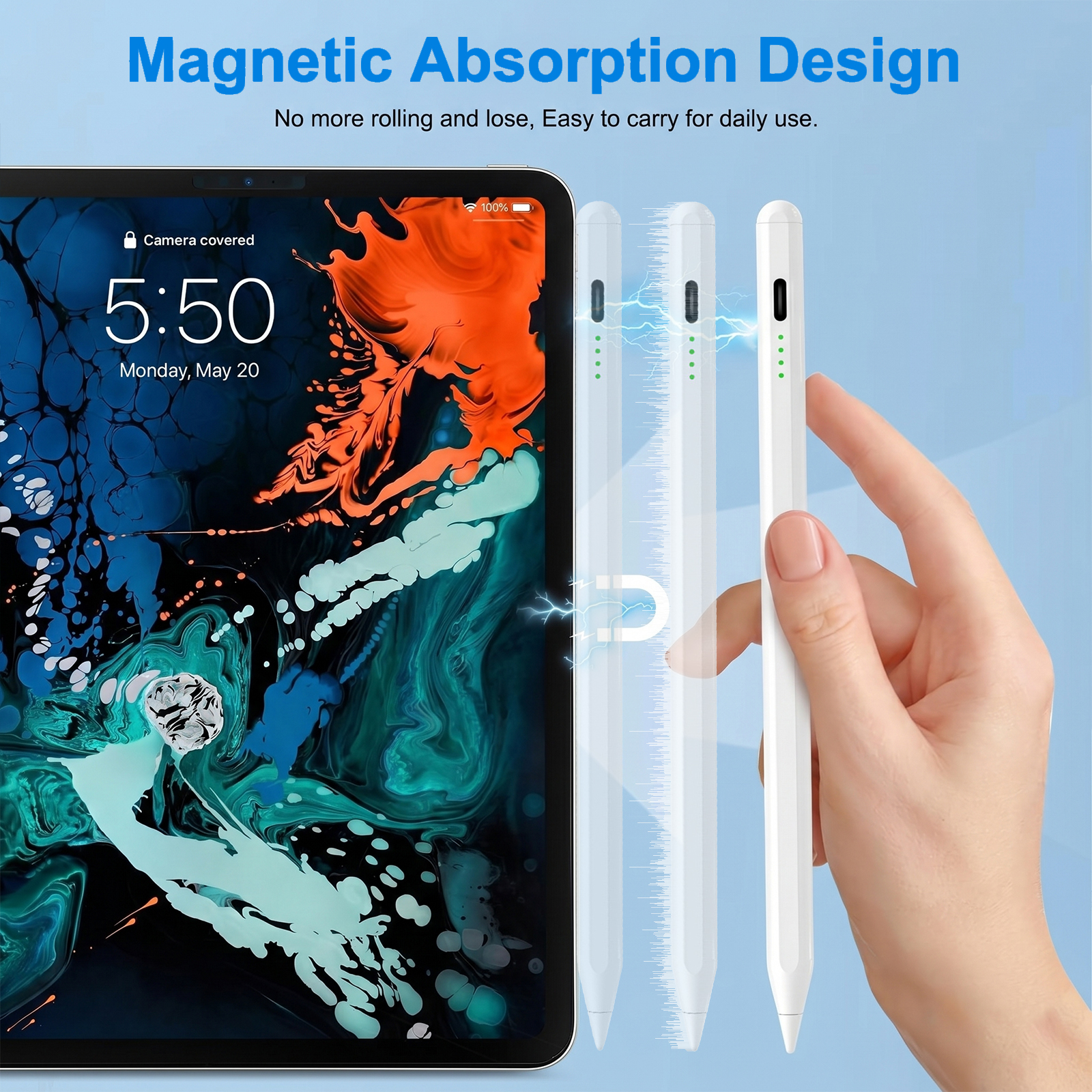 Ein iPad mit einem abstrakten Hintergrund und einem weißen Stift, der magnetisch angezogen wird.