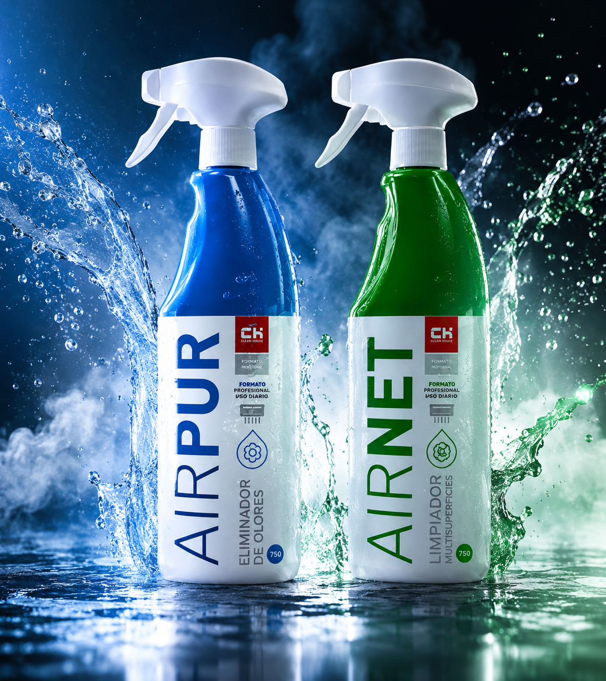 Dos botellas rociadoras, azul y verde, con agua y niebla.