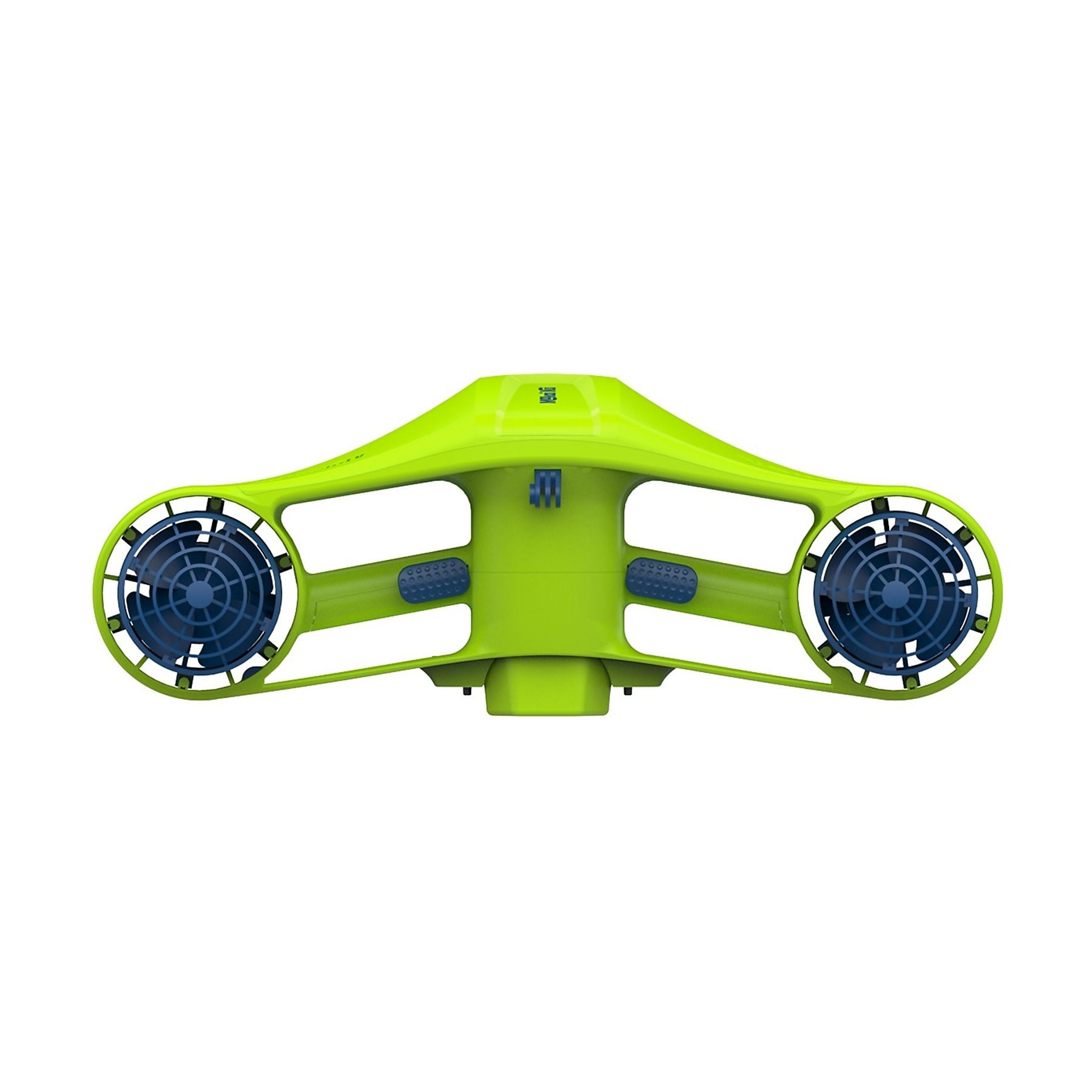 Un dispositivo scooter subacqueo verde brillante con due eliche blu.