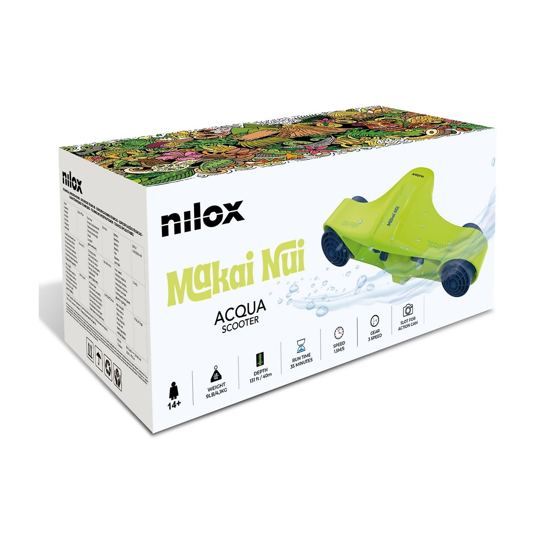 Scooter Nilox Makai Nui Acqua verde su scatola con disegni colorati.