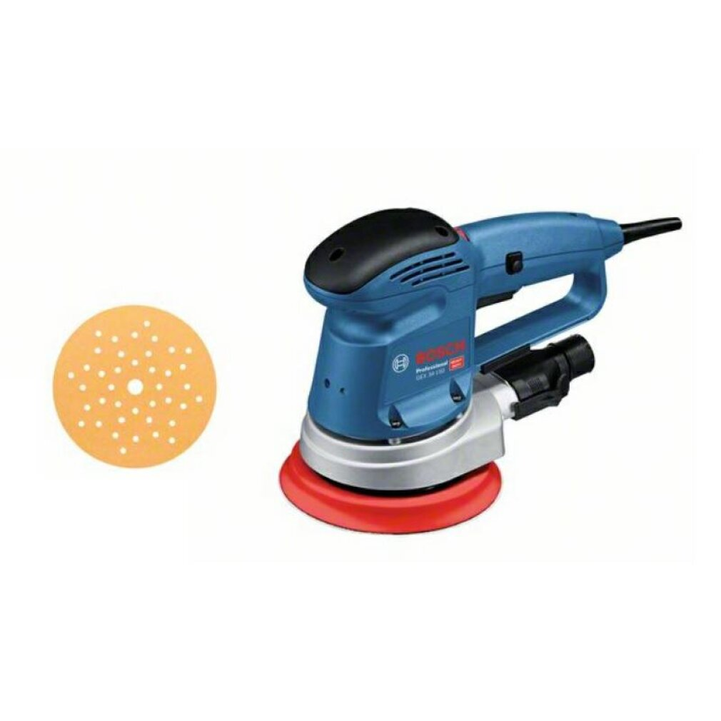 Una lijadora Bosch azul con una almohadilla de lijado naranja al lado.