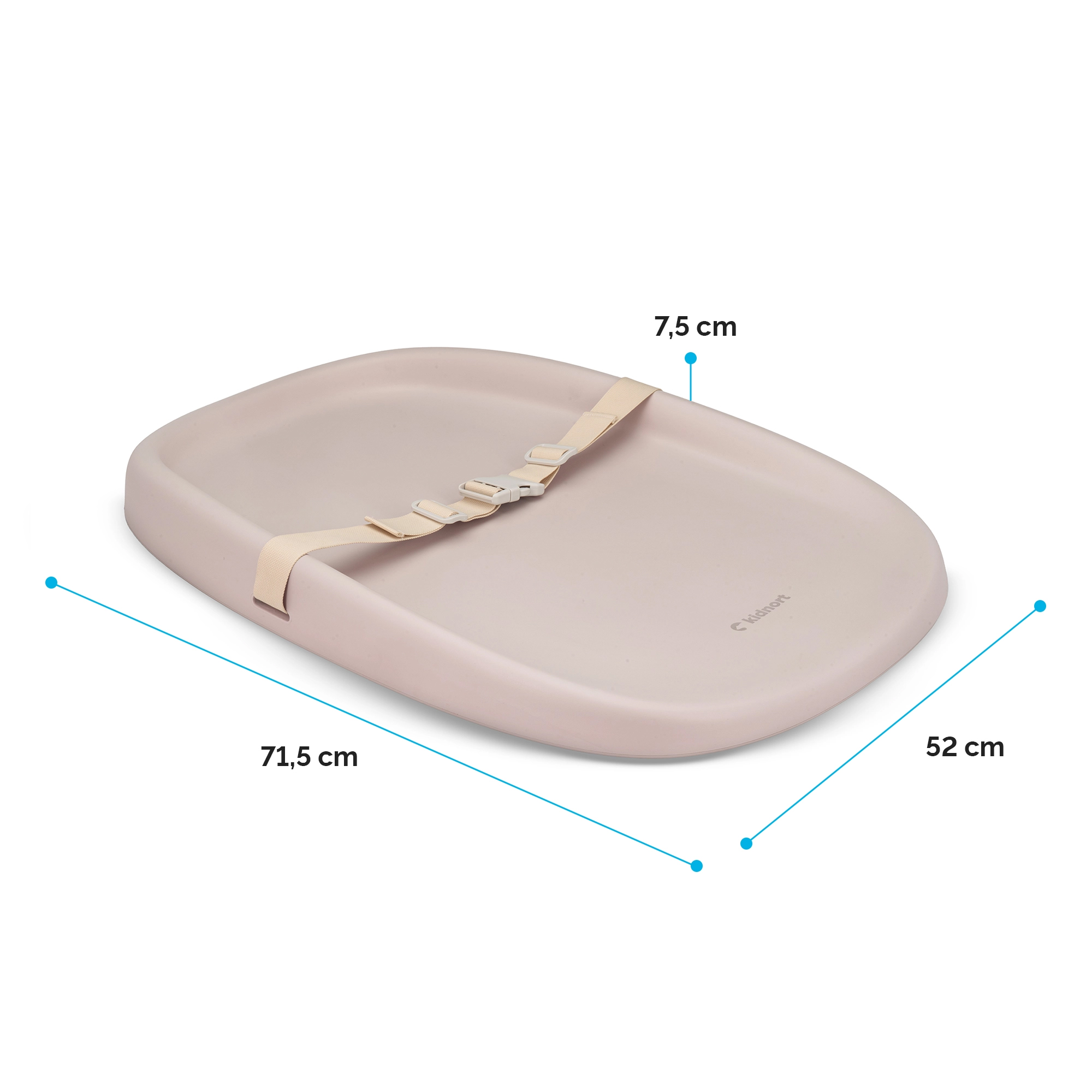 Jasnoróżowa mata do przewijania z paskiem i wymiarami 71,5 cm, 52 cm i 7,5 cm.