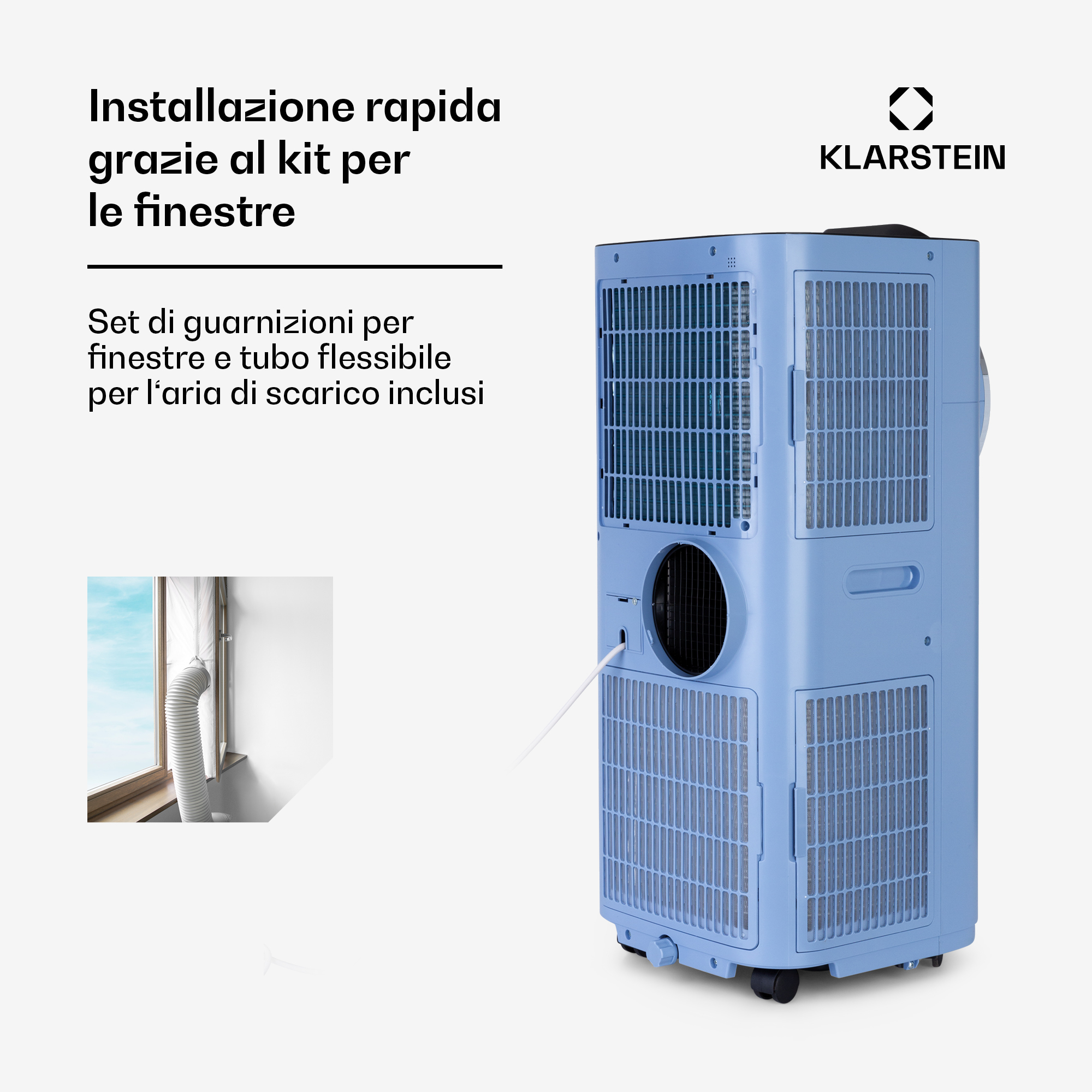 Un condizionatore d'aria blu con un tubo che passa attraverso una finestra.