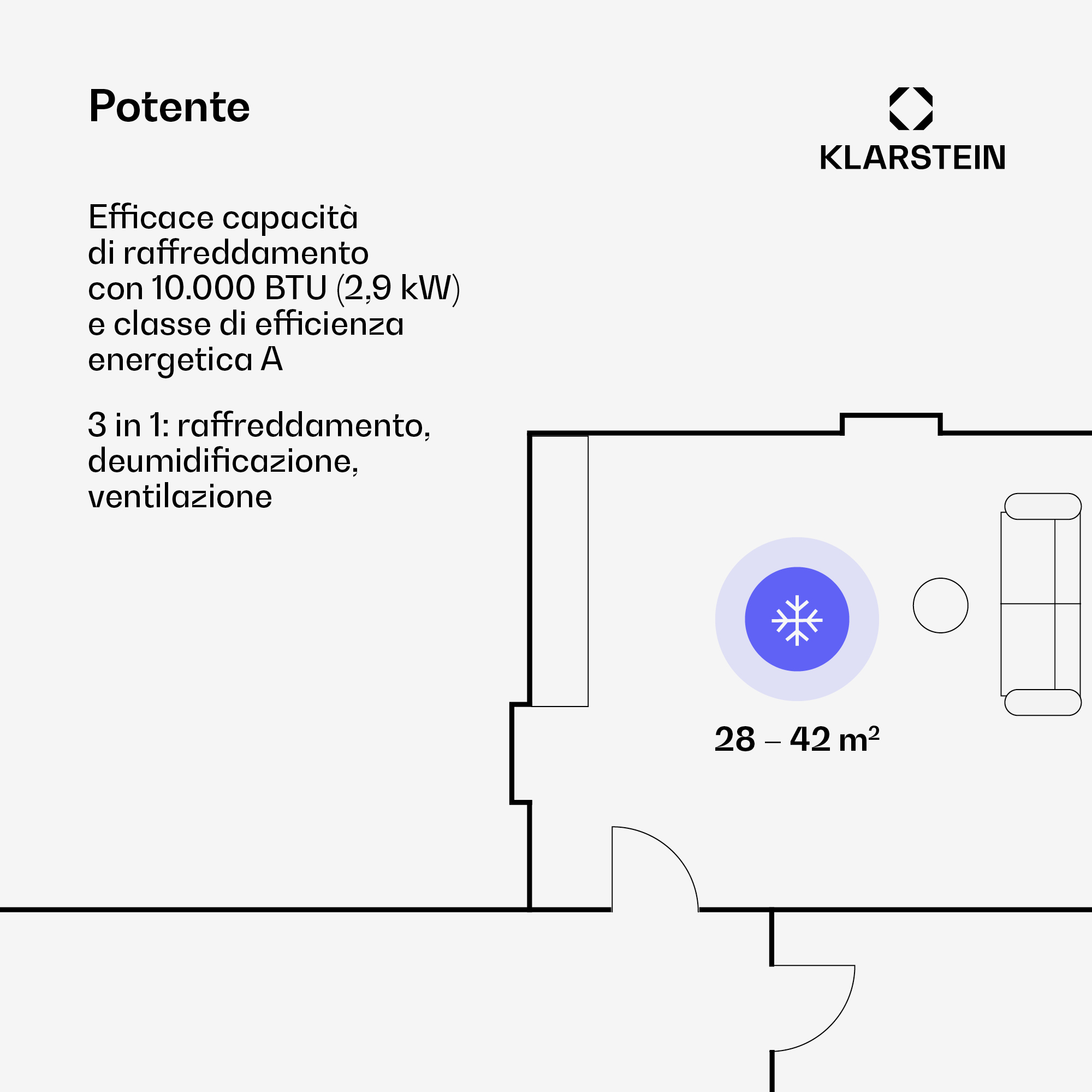 Planta con logo Klarstein, simbolo refrigeratore e testo su potenza.