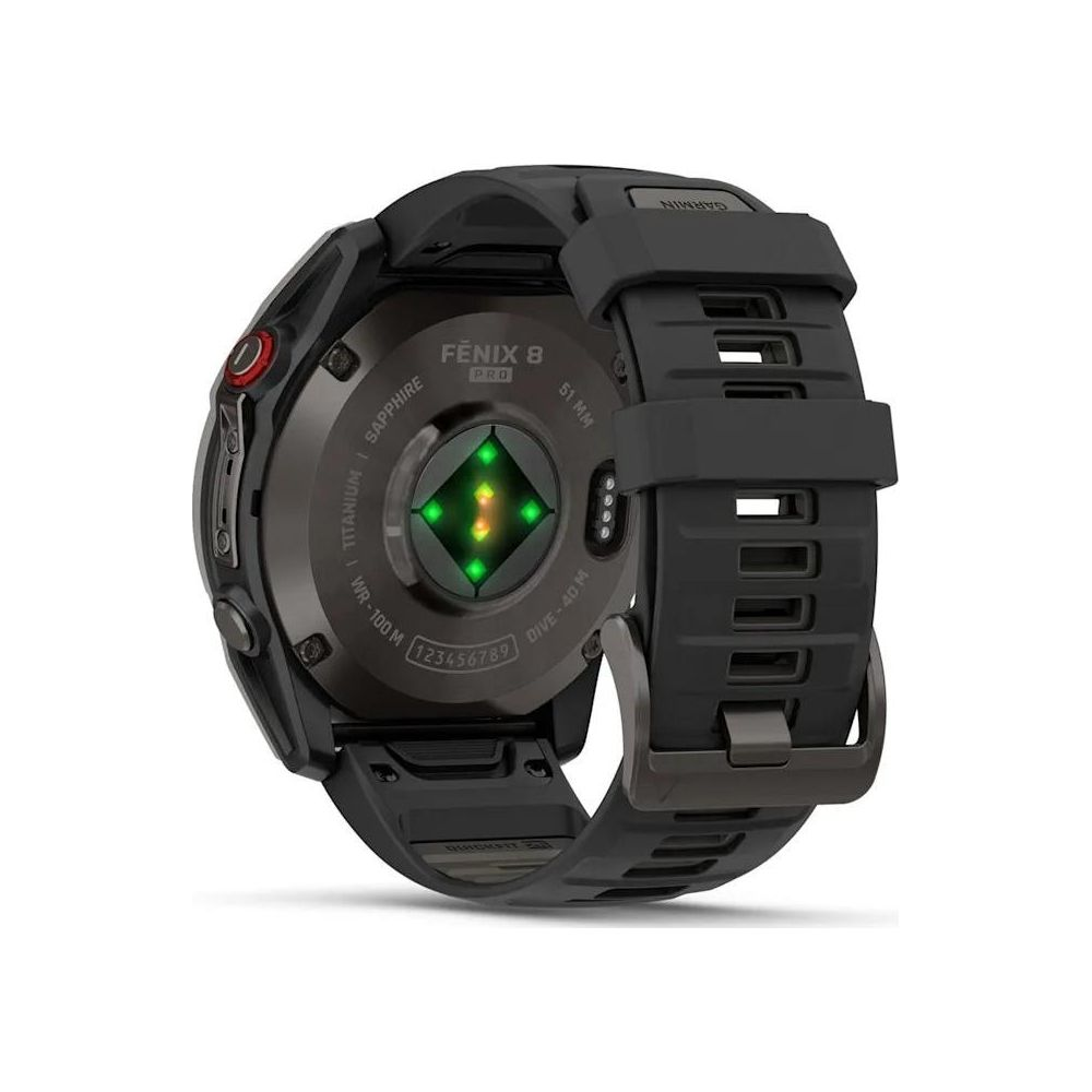 Reloj inteligente Garmin Fenix 8 Pro negro con correa negra y sensores verdes.