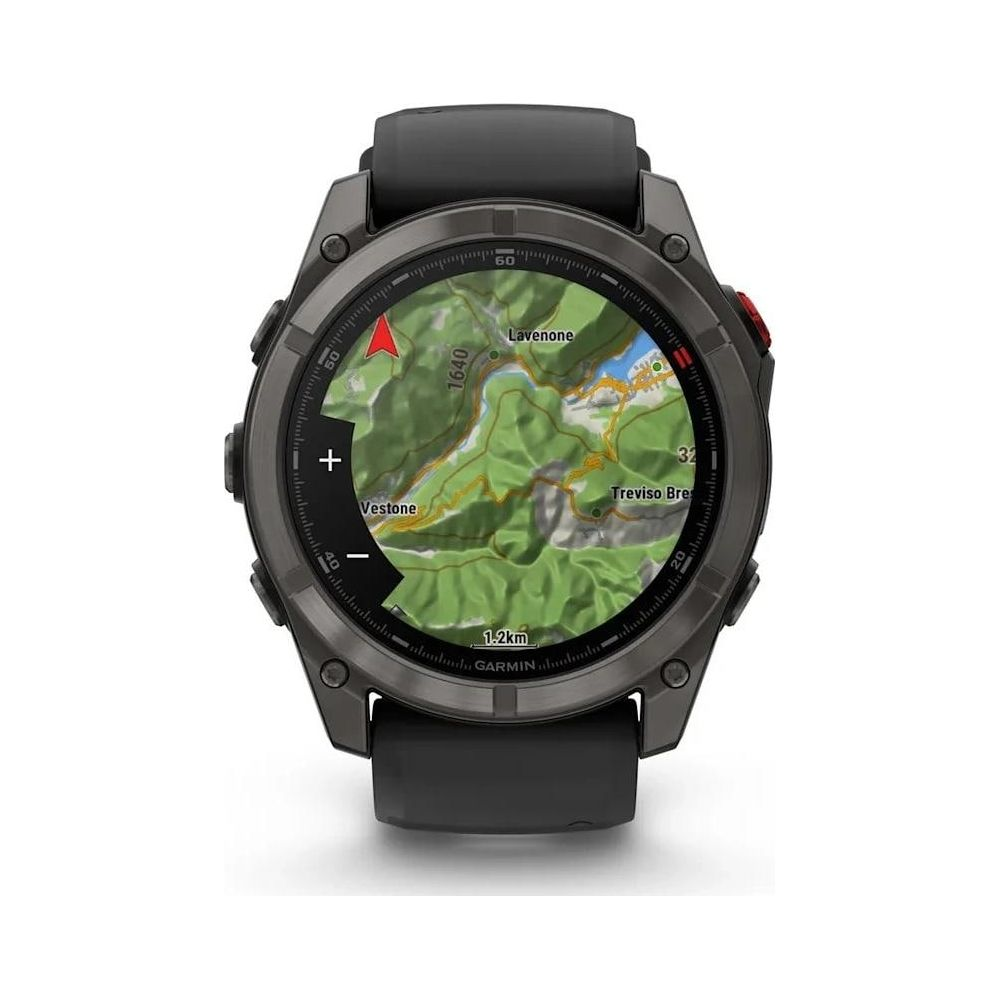 Reloj Garmin negro mostrando mapa topográfico con navegación de ruta.