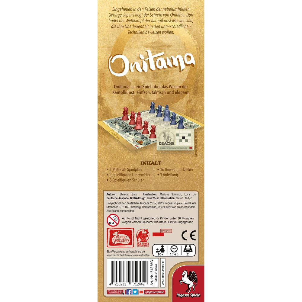 Jeu de société Onitama avec figurines rouges et bleues sur le plateau, instructions et accessoires.