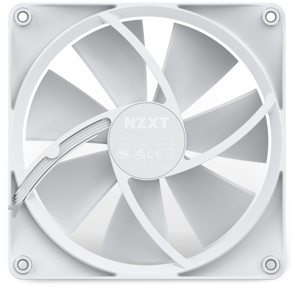 Un ventilateur NZXT blanc à neuf pales avec une étiquette centrale.