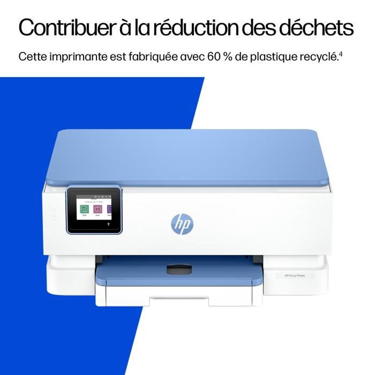 Una stampante HP bianca e blu con touchscreen e logo HP.
