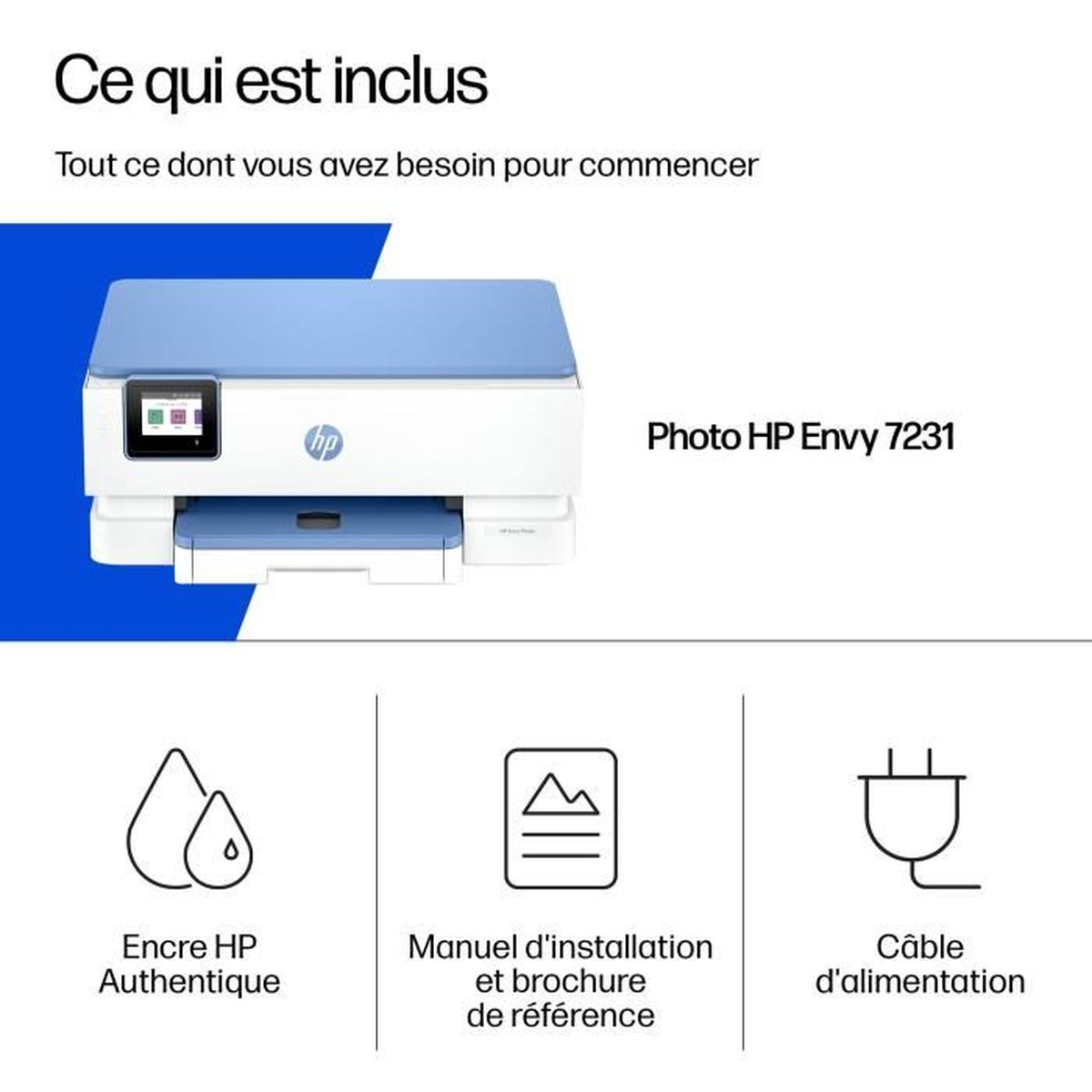 Stampante HP Envy 7231 con inchiostro, manuale e cavo di alimentazione inclusi.