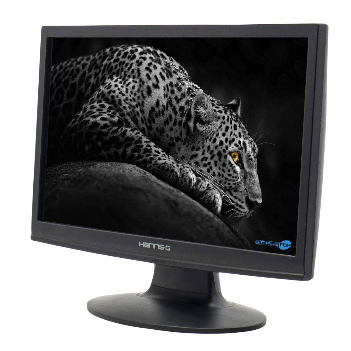 Monitor bianco e nero mostra un leopardo appoggiato su un ramo. Il leopardo ha gli occhi gialli.