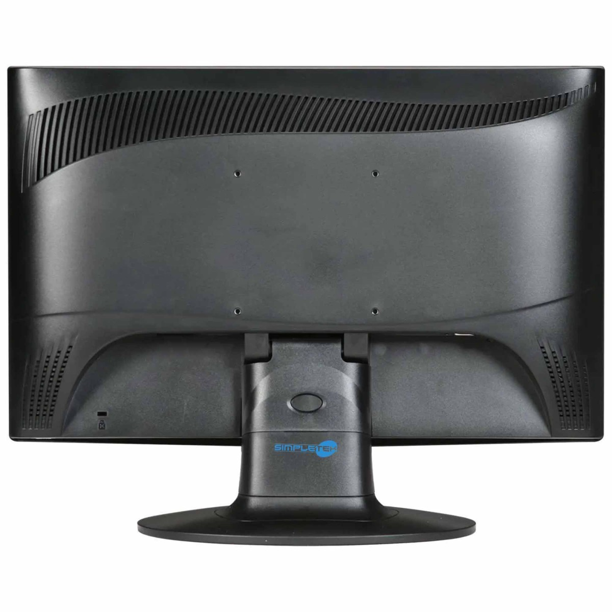 Retro di un monitor nero con prese d'aria e un supporto con logo.