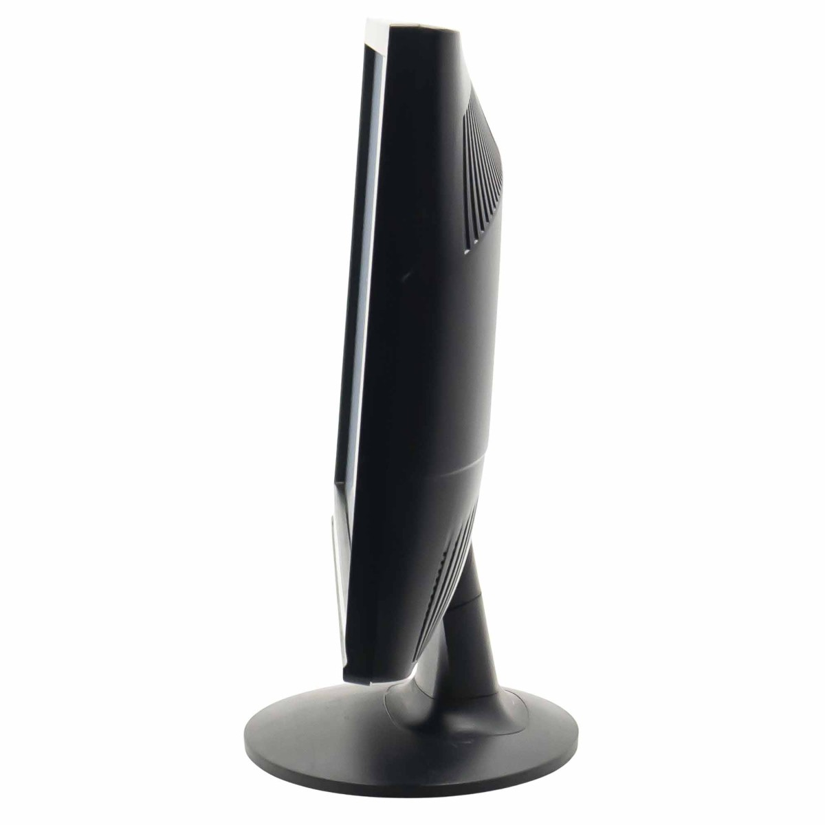 Monitor del computer nero visto di lato, su una base rotonda.