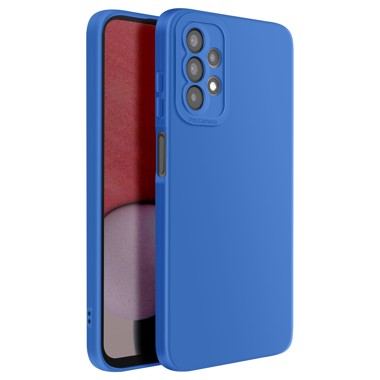 Étui de téléphone bleu avec module caméra et partie d'écran rouge.