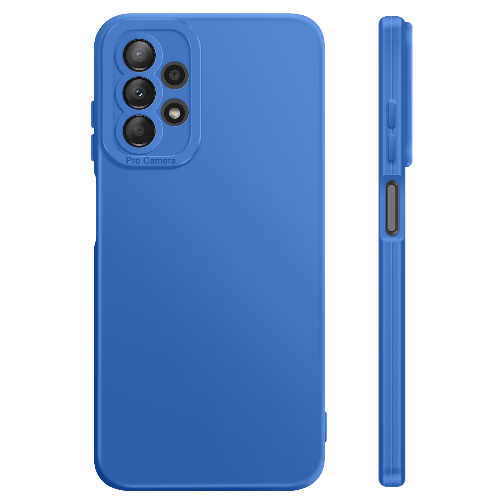 Coque de téléphone bleue avec configuration de quatre caméras.