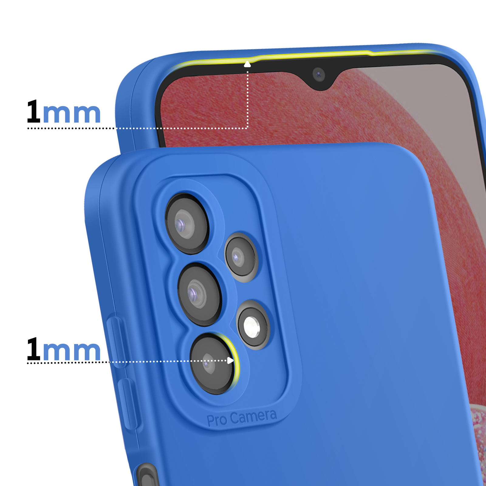 Coque de téléphone bleue avec bords surélevés de 1mm.