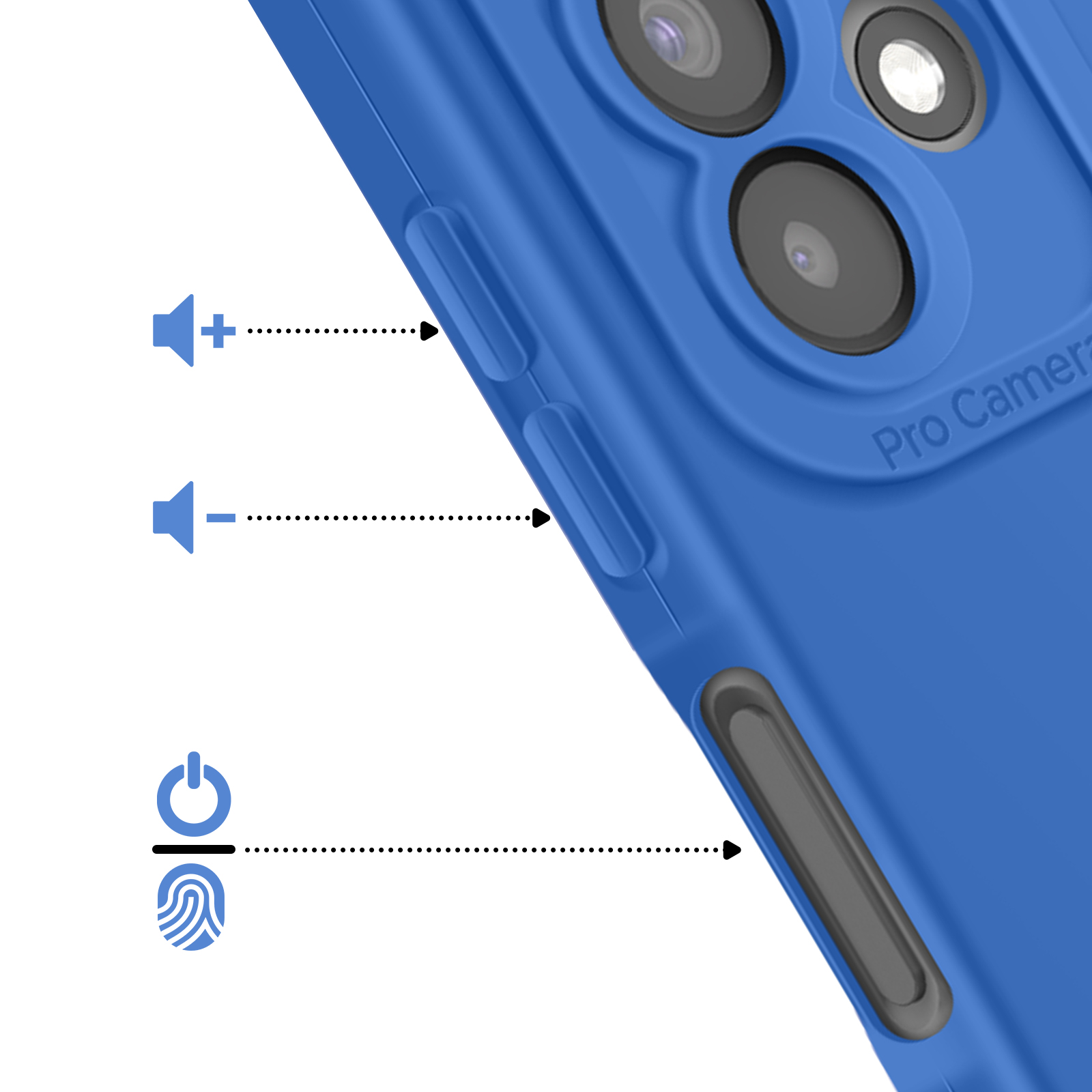 Étui de téléphone bleu avec icônes de volume et d'empreintes.