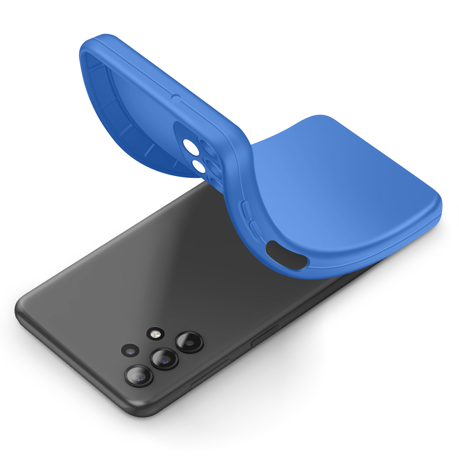 Une coque bleue est placée sur un smartphone gris.