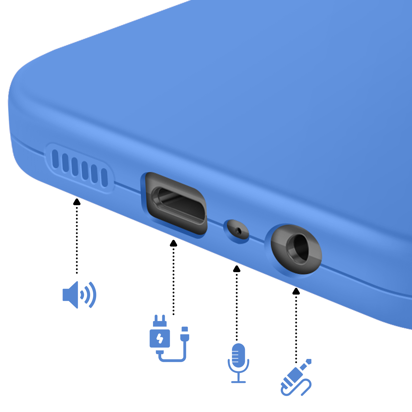 Une coque de téléphone bleue montrant les ports pour haut-parleur, charge, micro et écouteurs.