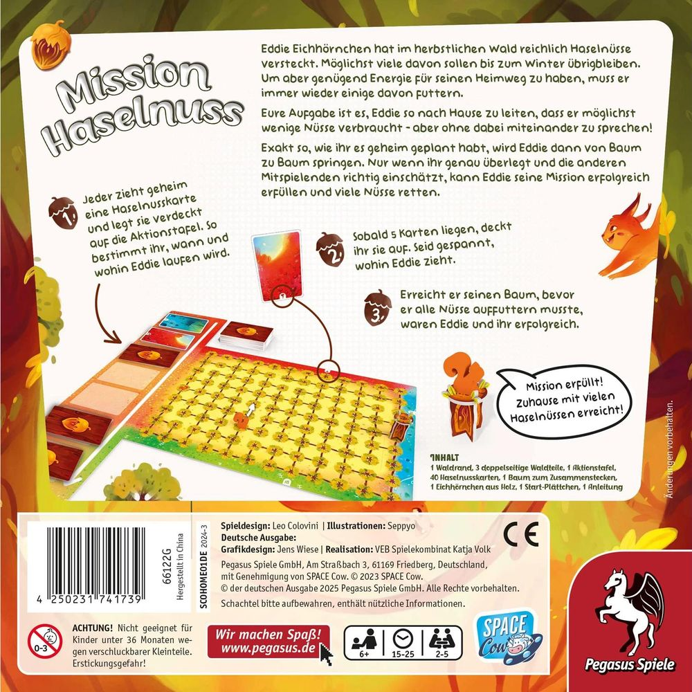 Gioco da tavolo "Missione Nocciola" con tema scoiattolo, tabellone e carte.