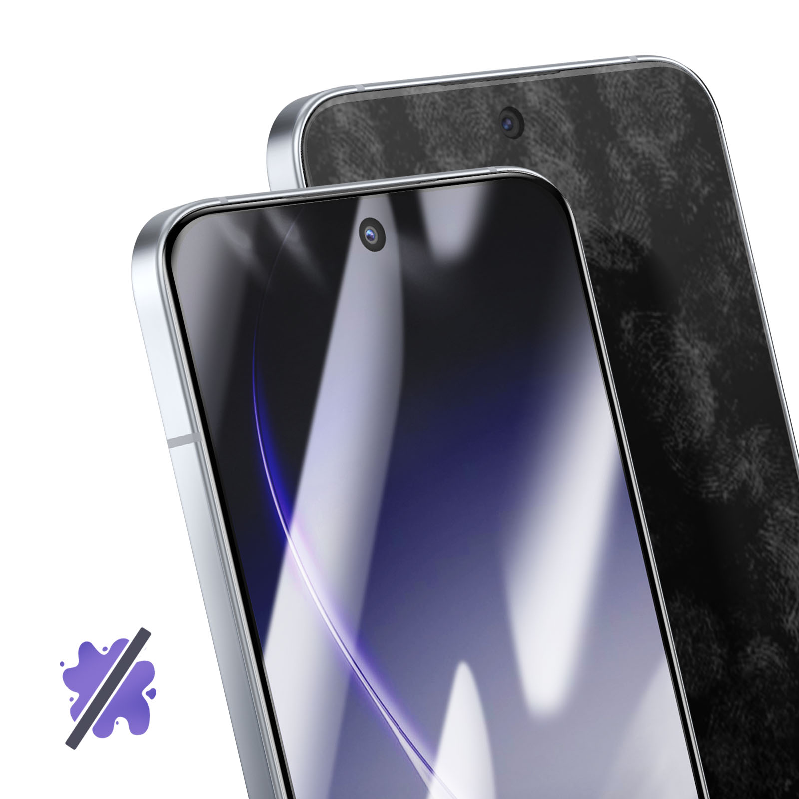 Due smartphone con cornici argentate. Uno mostra impronte, l'altro è pulito.