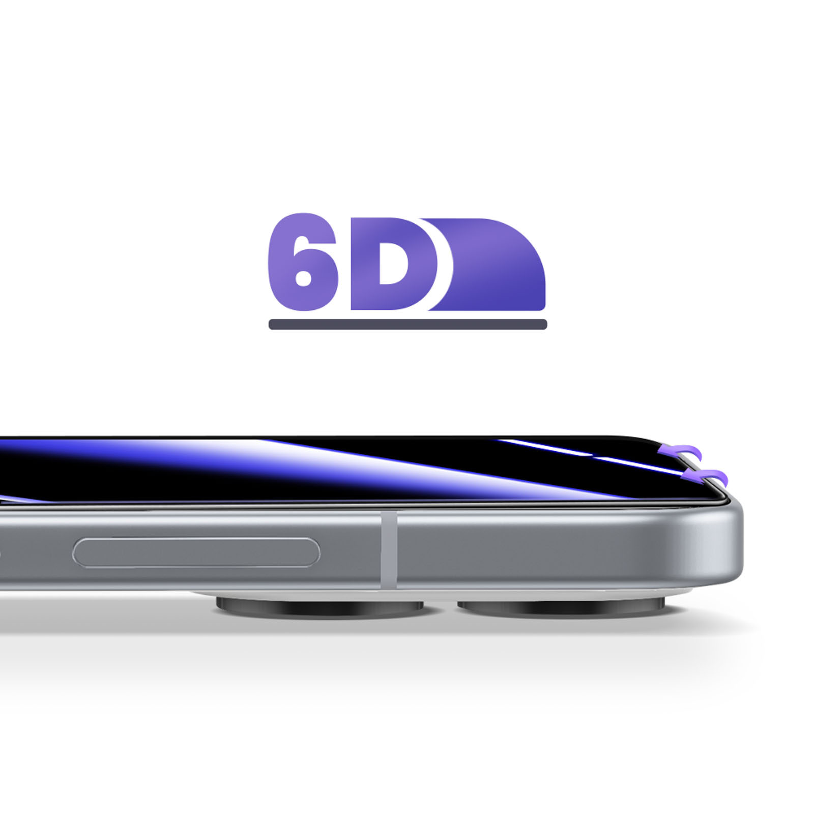 Primo piano di uno smartphone con logo 6D viola e riflessi blu sullo schermo.