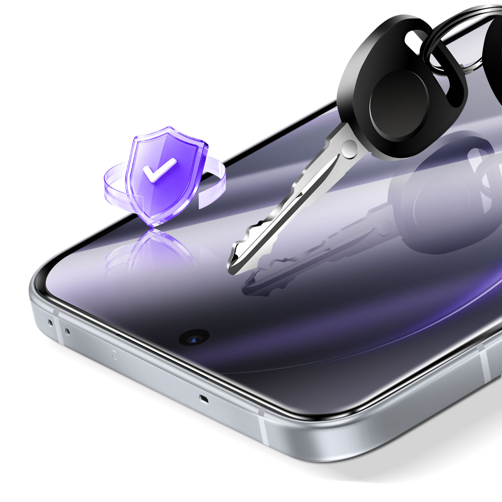 Una chiave dell'auto su uno smartphone con icona a scudo.