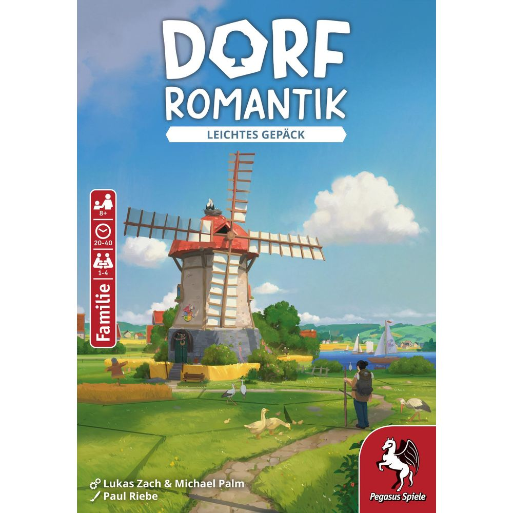Illustration eines Dorfes mit Windmühle, See und Segelbooten. Spiel-Infos auf der linken Seite.