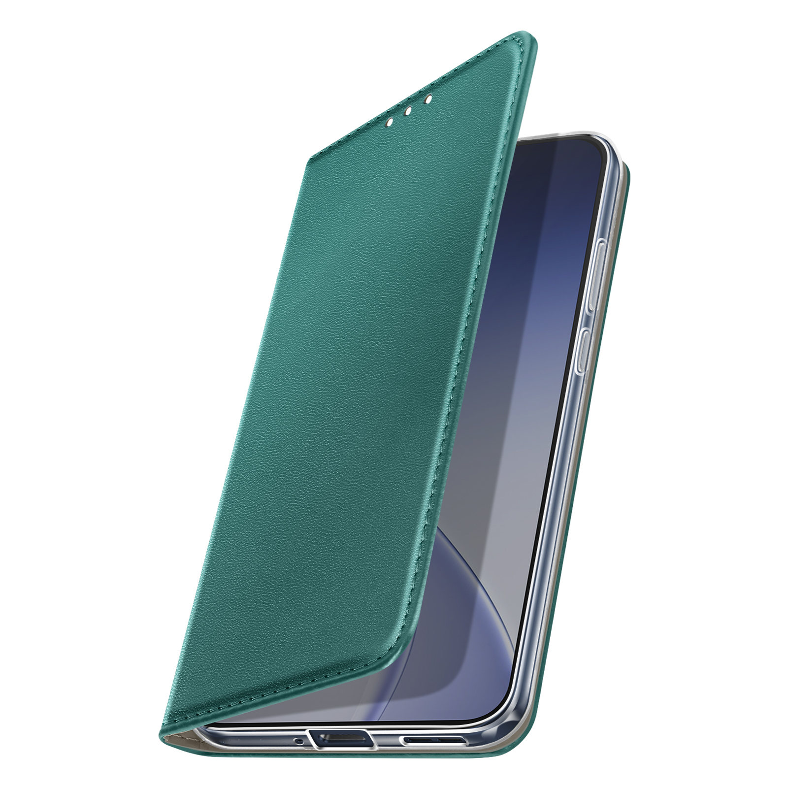 Étui de téléphone à rabat vert, vue latérale sur fond blanc.