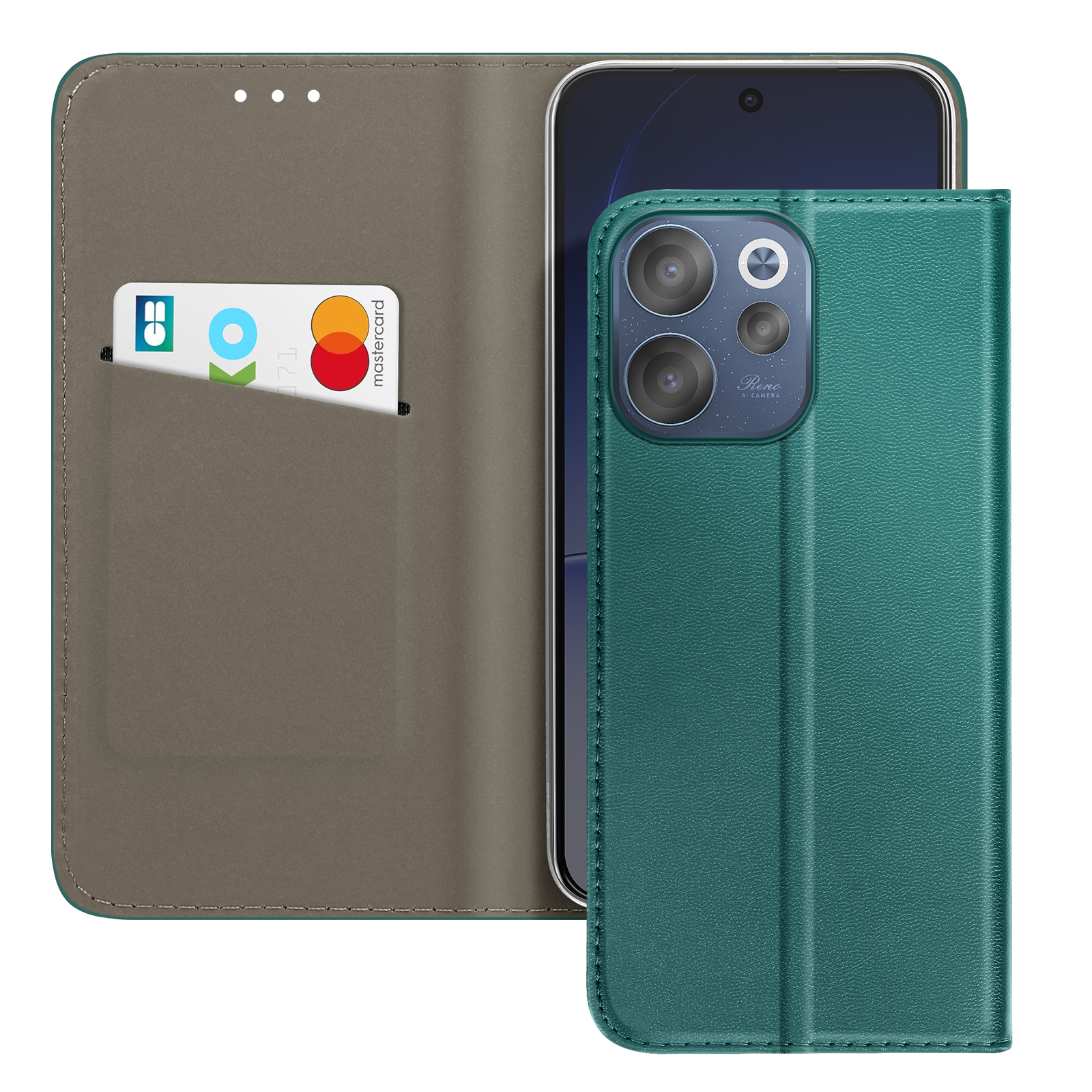 Étui de téléphone vert avec fente pour carte. Téléphone avec triple caméra visible.